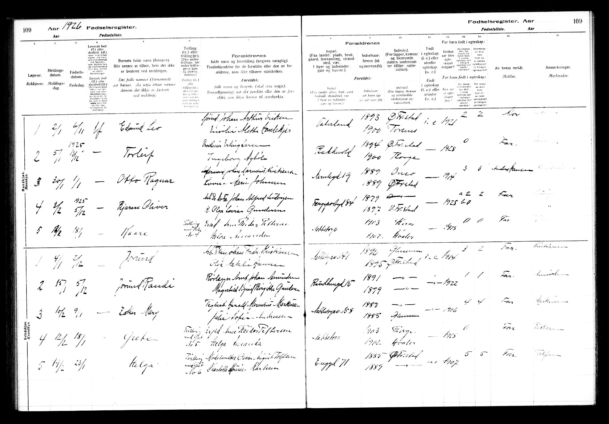 Østre Fredrikstad prestekontor Kirkebøker, SAO/A-10907/J/Ja/L0001: Birth register no. 1, 1916-1936, p. 109