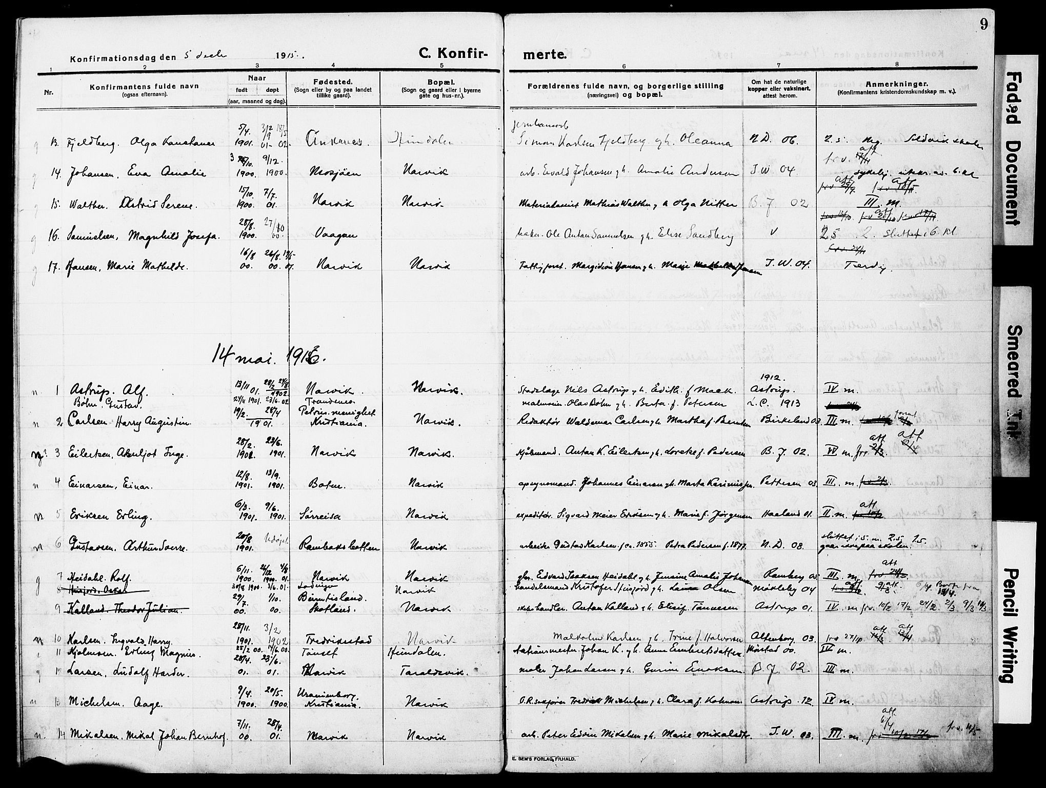 Ministerialprotokoller, klokkerbøker og fødselsregistre - Nordland, AV/SAT-A-1459/871/L0989: Parish register (official) no. 871A05, 1915-1922, p. 9