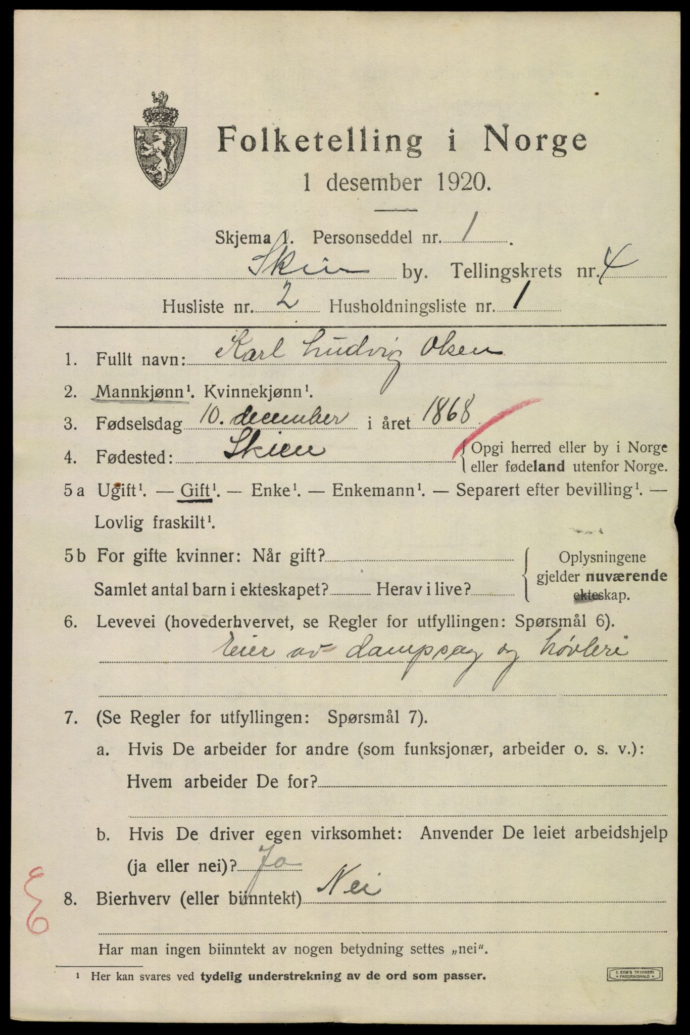 SAKO, 1920 census for Skien, 1920, p. 16828