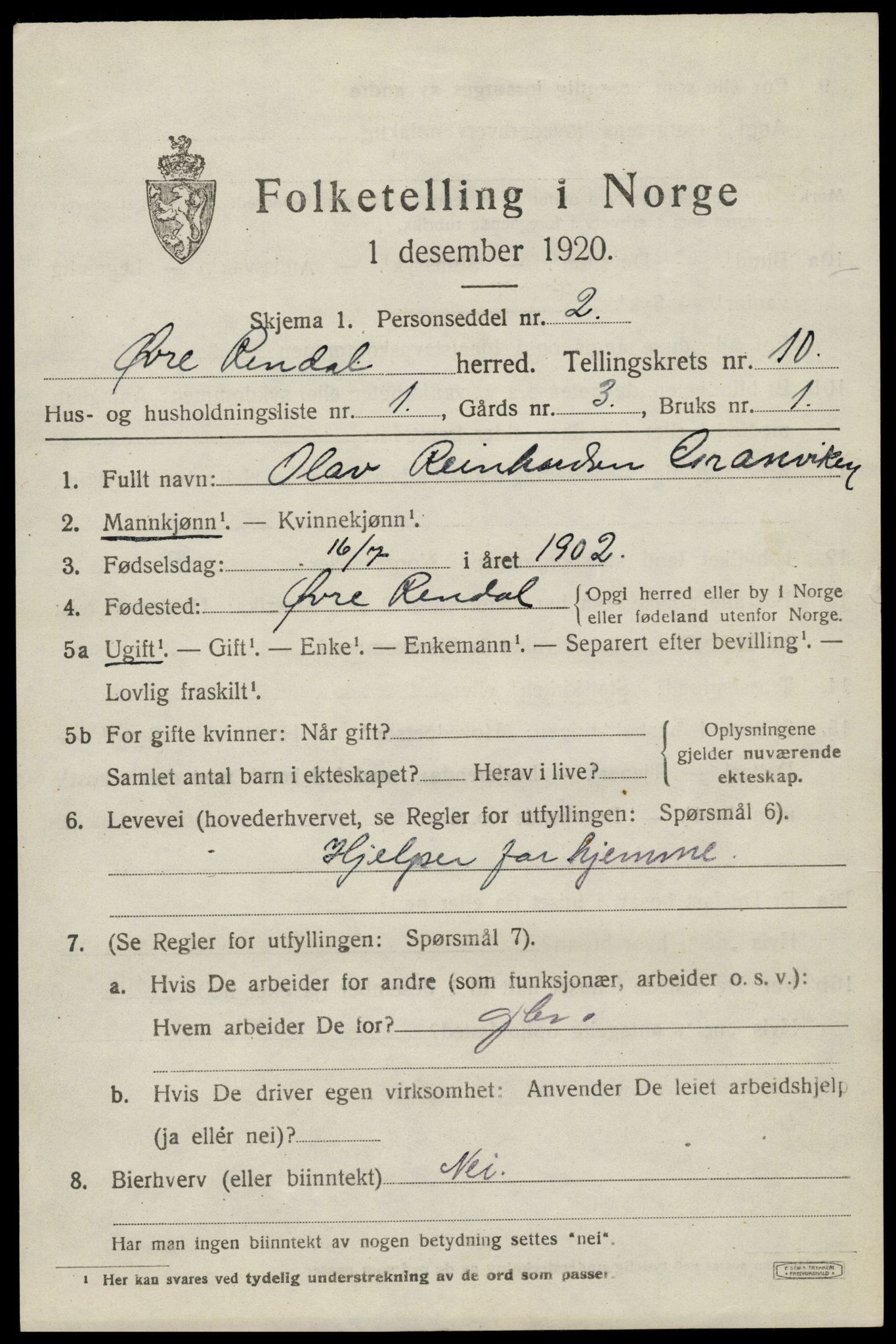 SAH, 1920 census for Øvre Rendal, 1920, p. 3833