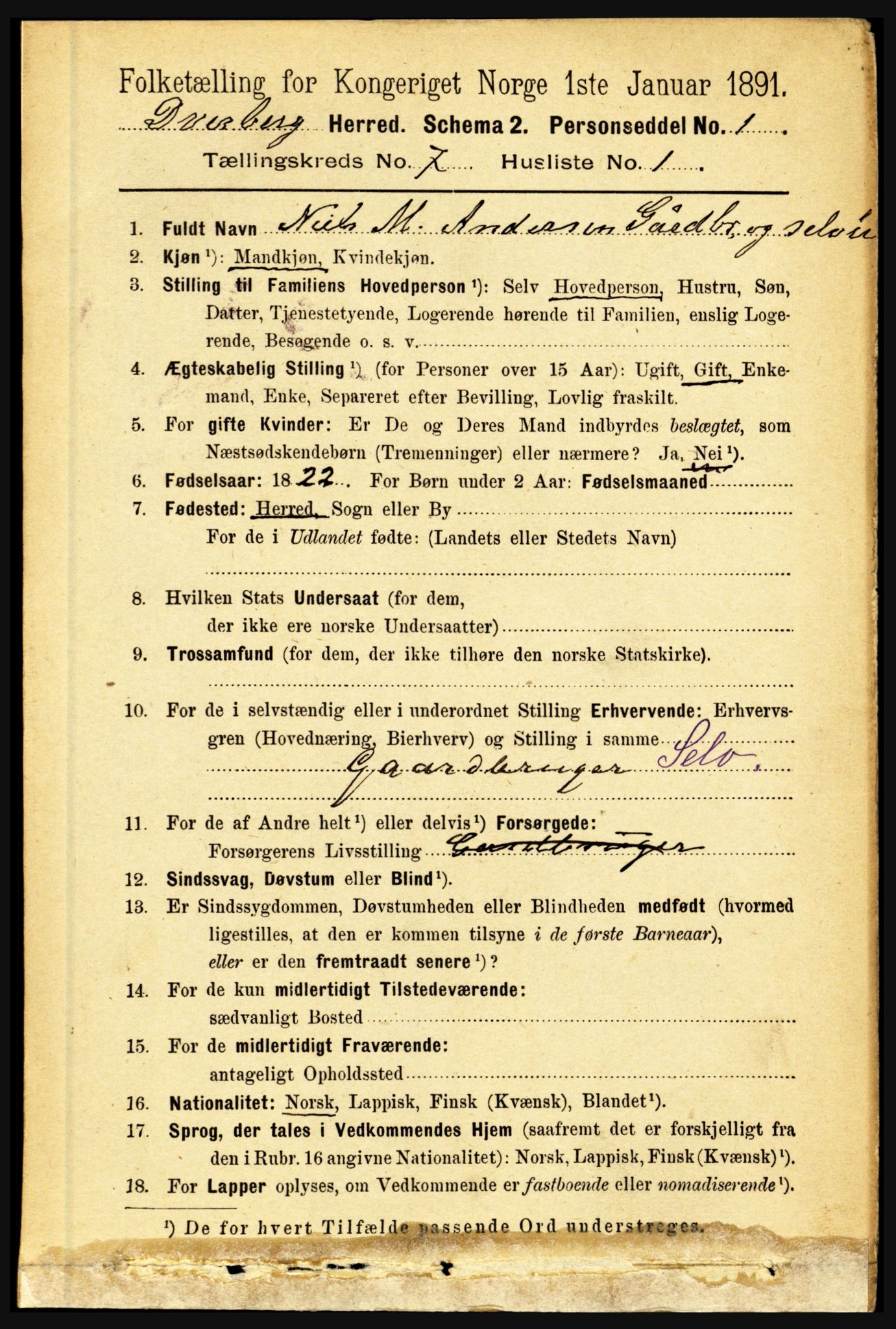 RA, 1891 census for 1872 Dverberg, 1891, p. 2573