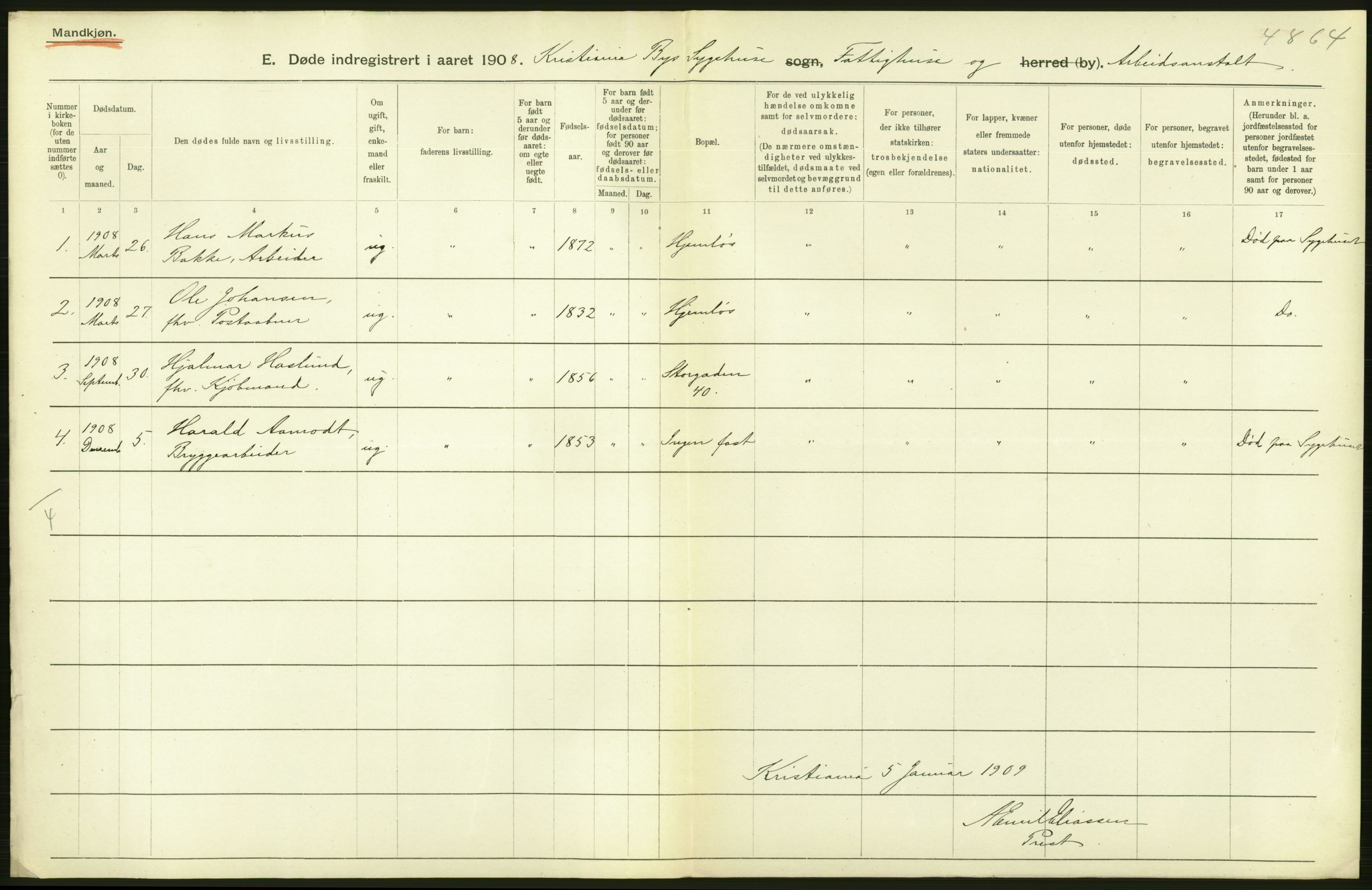 Statistisk sentralbyrå, Sosiodemografiske emner, Befolkning, AV/RA-S-2228/D/Df/Dfa/Dfaf/L0009: Kristiania: Døde, dødfødte., 1908, p. 154