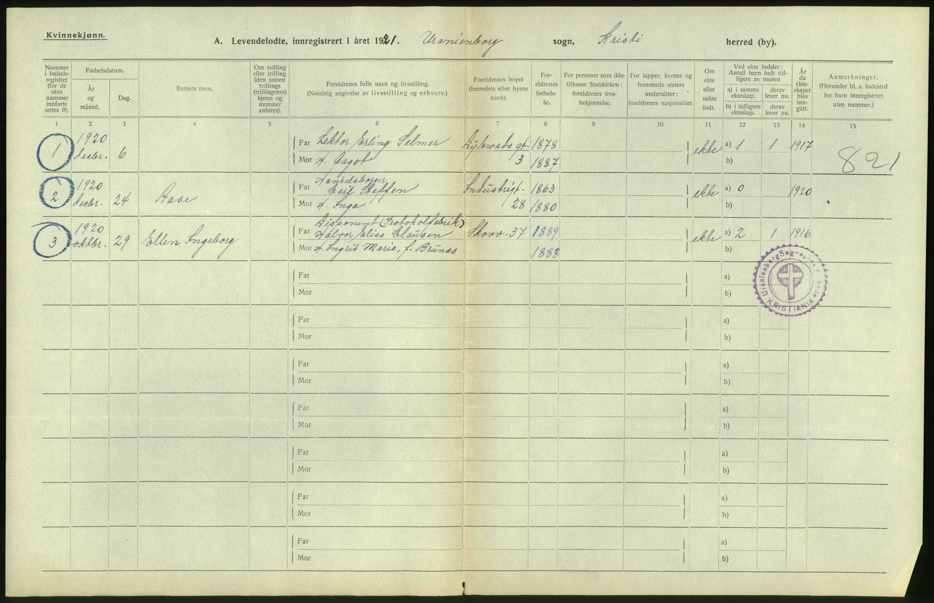 Statistisk sentralbyrå, Sosiodemografiske emner, Befolkning, AV/RA-S-2228/D/Df/Dfc/Dfca/L0010: Kristiania: Levendefødte menn og kvinner., 1921, p. 124