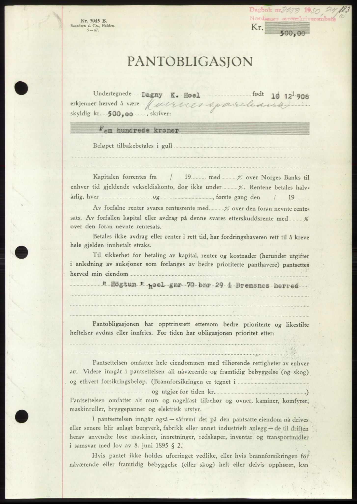 Nordmøre sorenskriveri, AV/SAT-A-4132/1/2/2Ca: Mortgage book no. B106, 1950-1950, Diary no: : 3283/1950