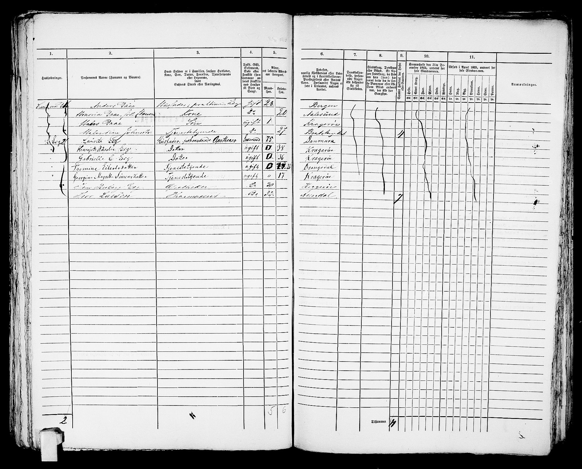 RA, 1865 census for Kragerø/Kragerø, 1865, p. 1055