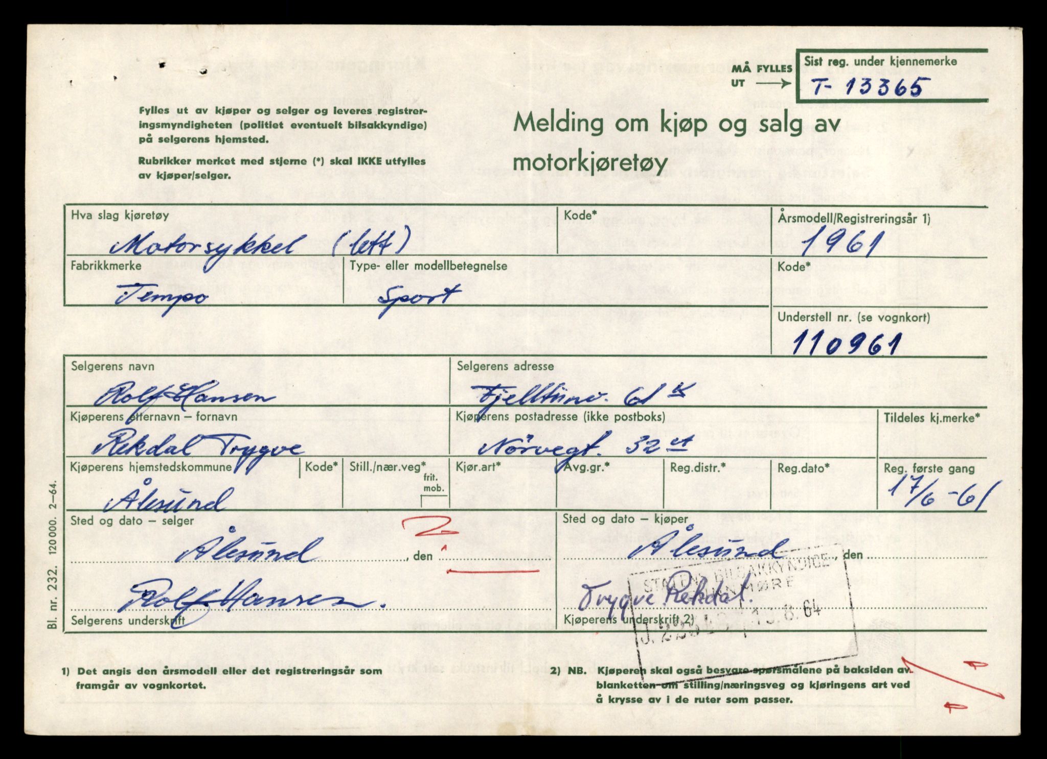 Møre og Romsdal vegkontor - Ålesund trafikkstasjon, AV/SAT-A-4099/F/Fe/L0039: Registreringskort for kjøretøy T 13361 - T 13530, 1927-1998, p. 101