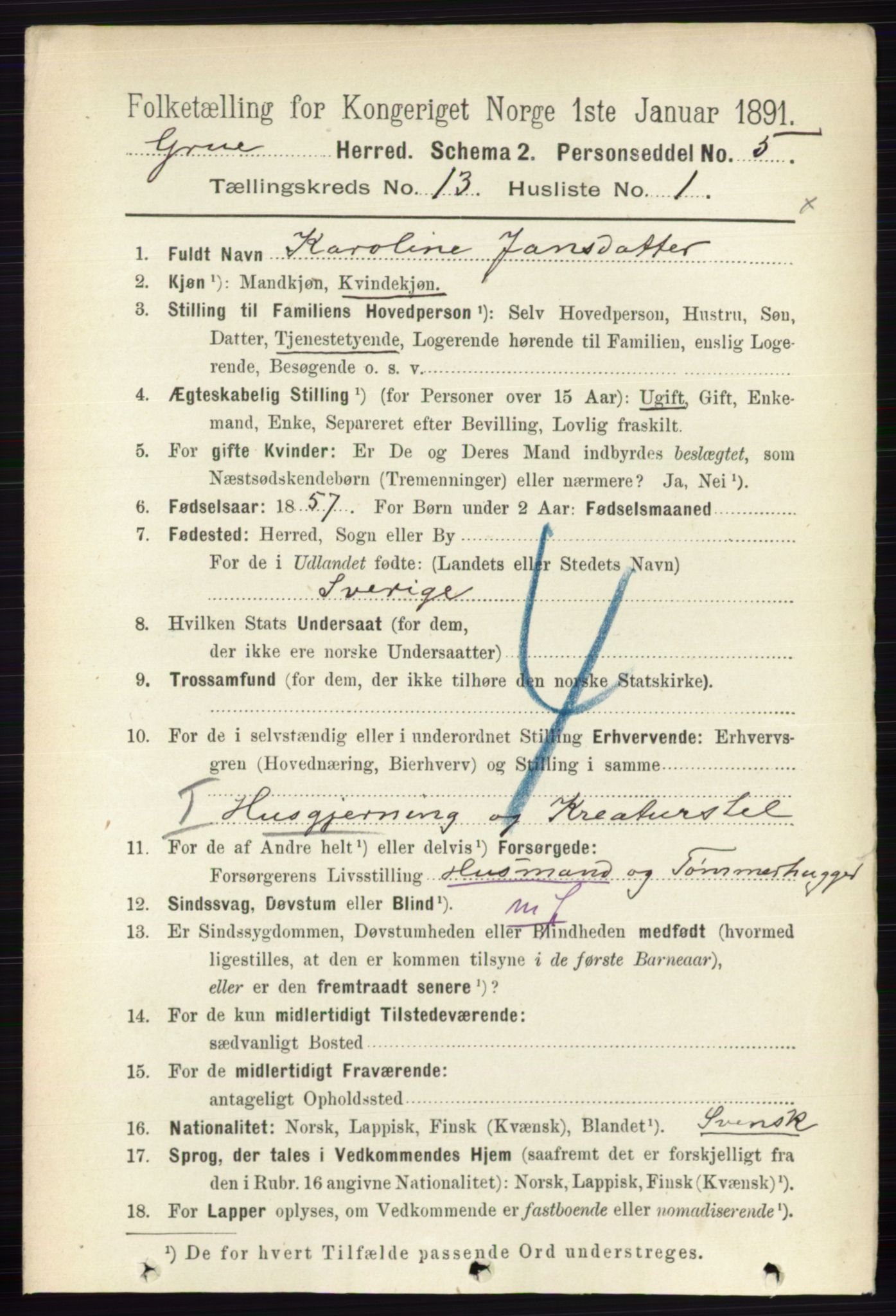 RA, 1891 census for 0423 Grue, 1891, p. 6569