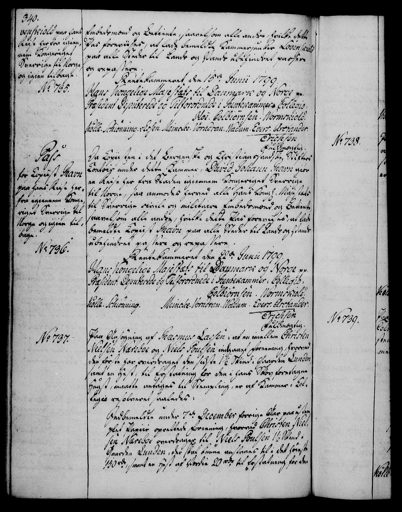 Rentekammeret, Kammerkanselliet, AV/RA-EA-3111/G/Gg/Gga/L0016: Norsk ekspedisjonsprotokoll med register (merket RK 53.16), 1794-1800, p. 340