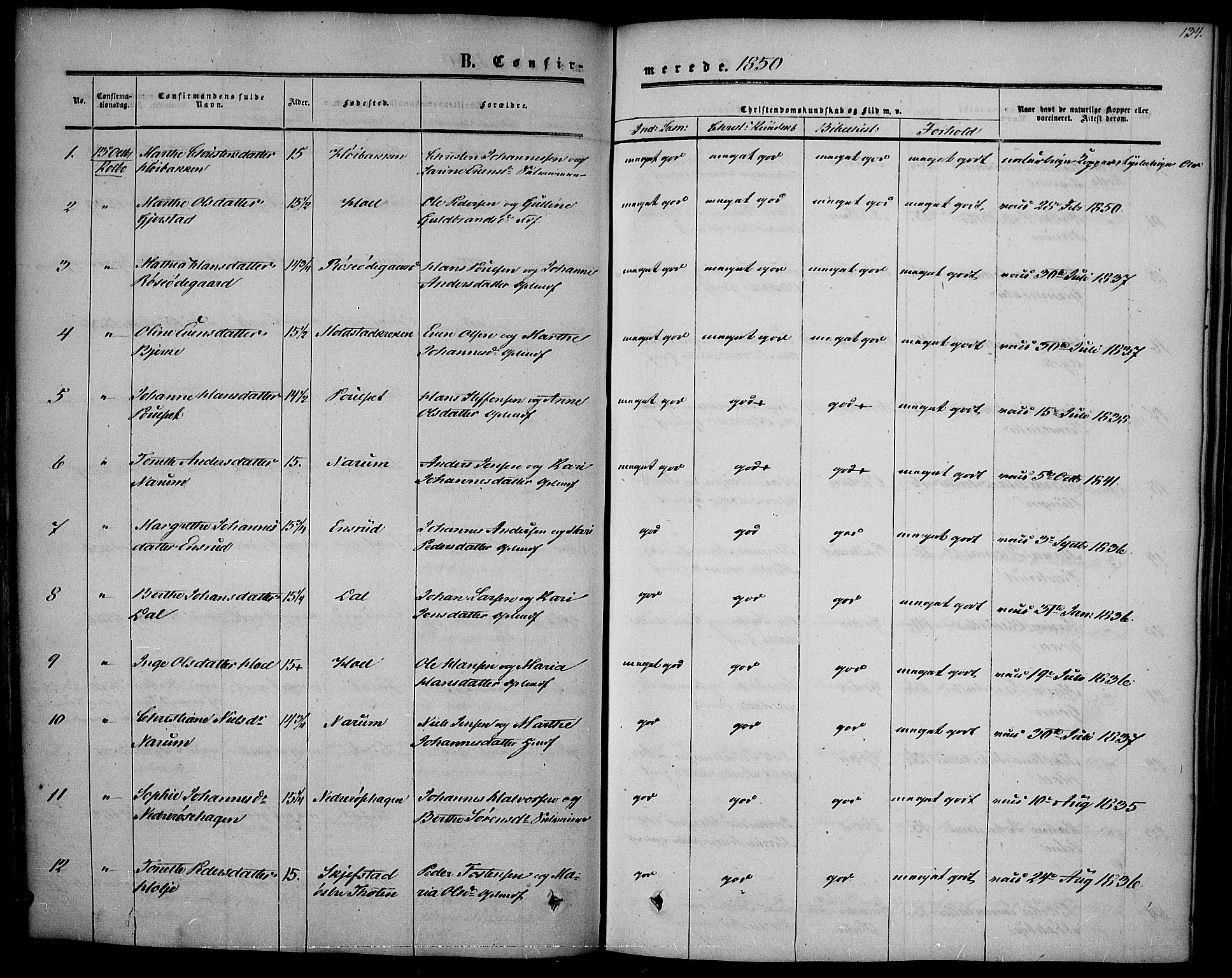 Vestre Toten prestekontor, AV/SAH-PREST-108/H/Ha/Haa/L0005: Parish register (official) no. 5, 1850-1855, p. 134