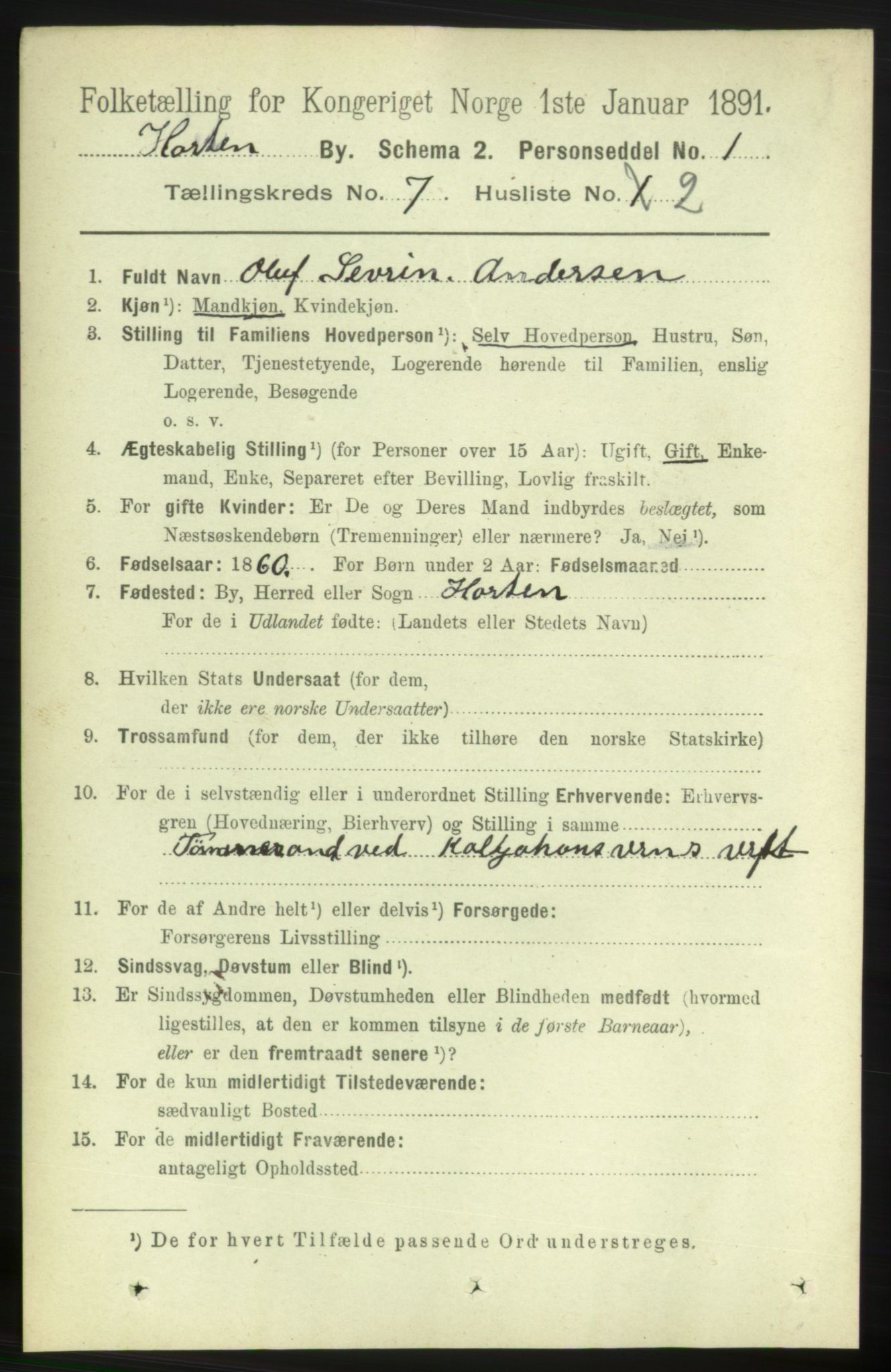 RA, 1891 census for 0703 Horten, 1891, p. 4443