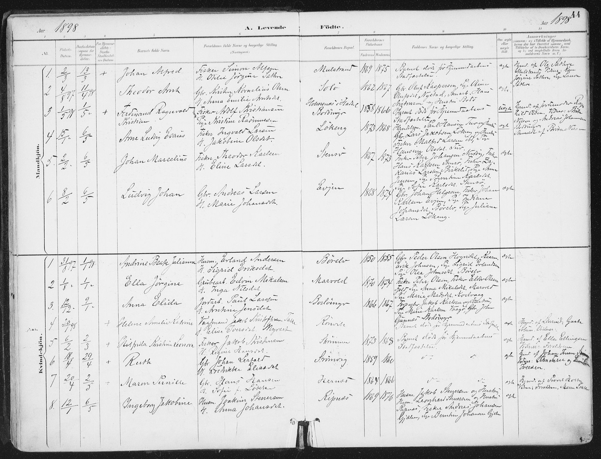Ministerialprotokoller, klokkerbøker og fødselsregistre - Nordland, AV/SAT-A-1459/802/L0055: Parish register (official) no. 802A02, 1894-1915, p. 44