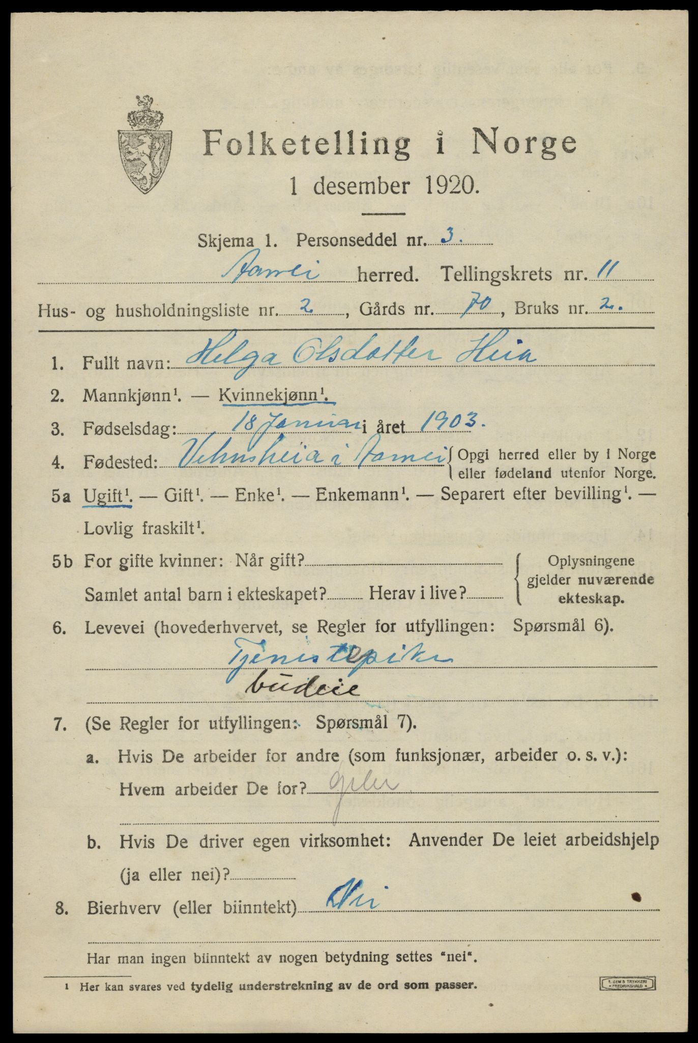 SAK, 1920 census for Åmli, 1920, p. 4209