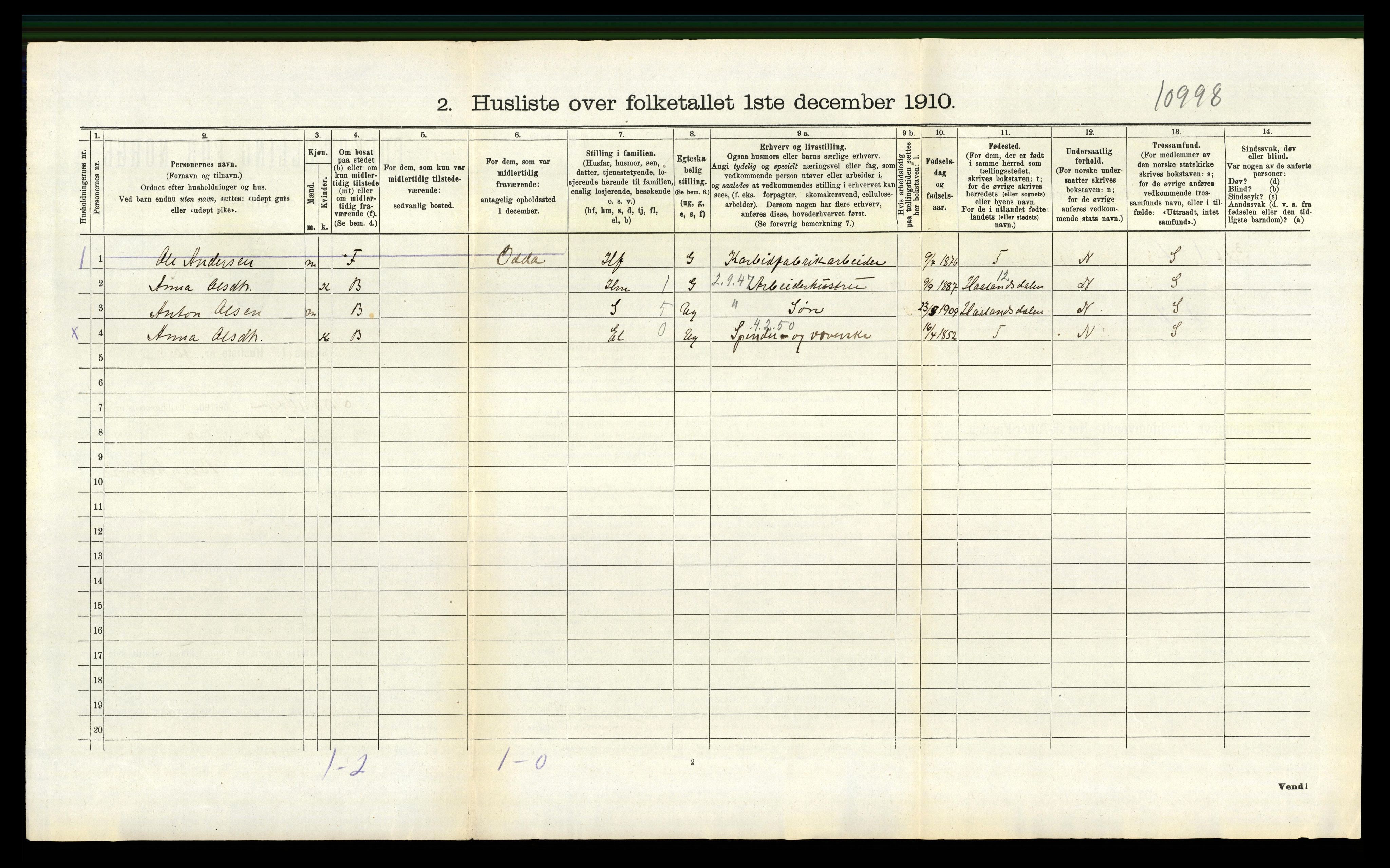 RA, 1910 census for Strandvik, 1910, p. 410