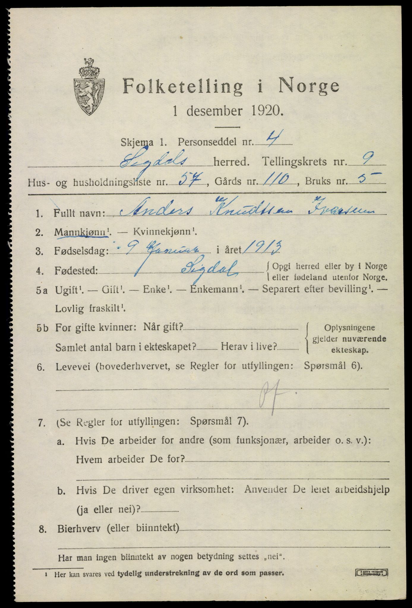 SAKO, 1920 census for Sigdal, 1920, p. 7044