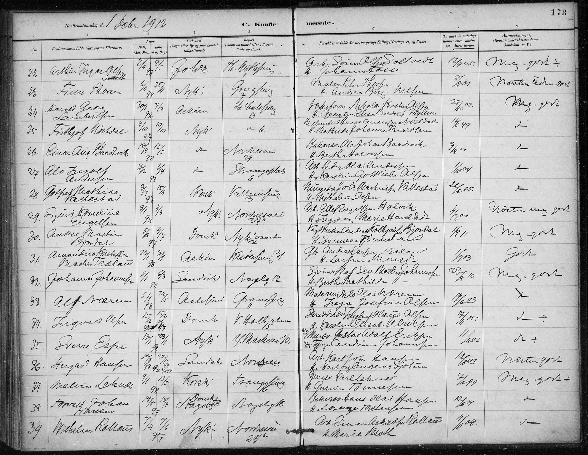 Nykirken Sokneprestembete, SAB/A-77101/H/Haa/L0027: Parish register (official) no. C 6, 1886-1913, p. 173