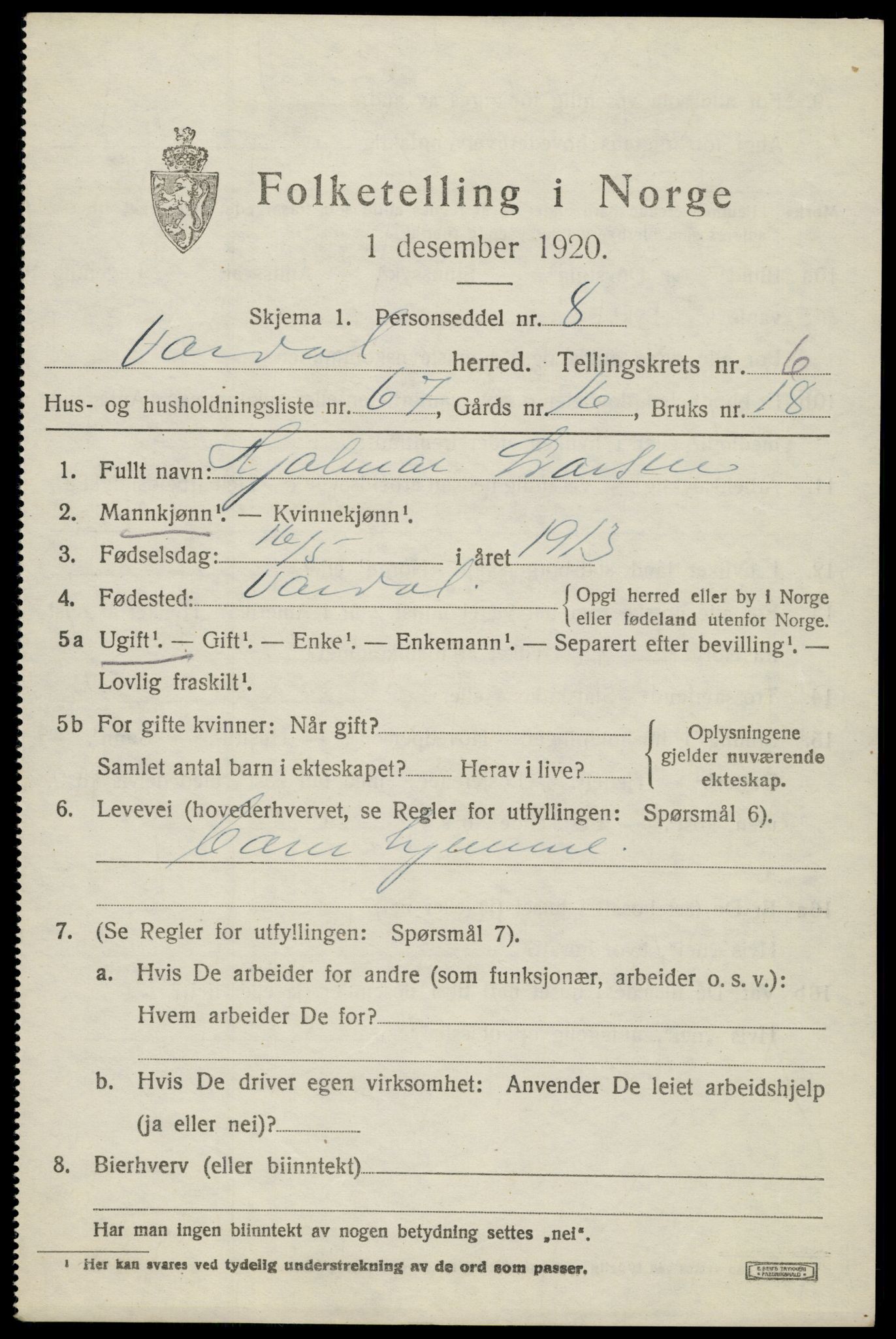 SAH, 1920 census for Vardal, 1920, p. 4651