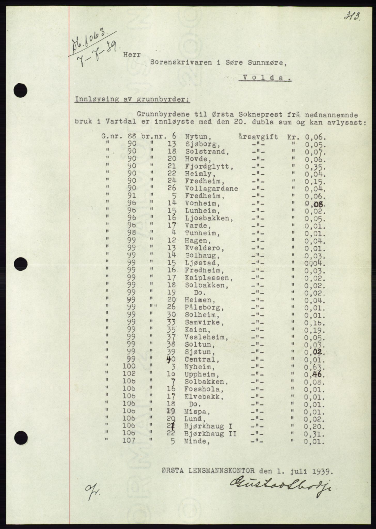 Søre Sunnmøre sorenskriveri, AV/SAT-A-4122/1/2/2C/L0068: Mortgage book no. 62, 1939-1939, Diary no: : 1063/1939