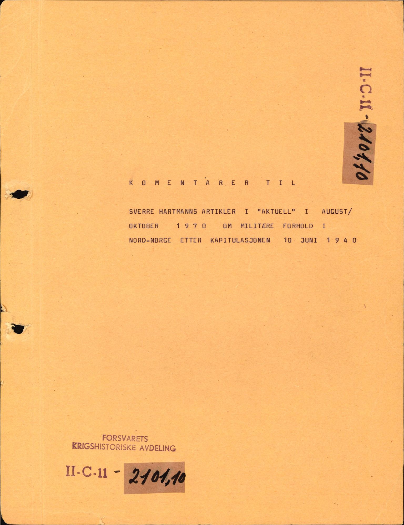 Forsvaret, Forsvarets krigshistoriske avdeling, RA/RAFA-2017/Y/Yf/L0199: II-C-11-2101  -  Kapitulasjonen i 1940, 1940-1971, p. 225