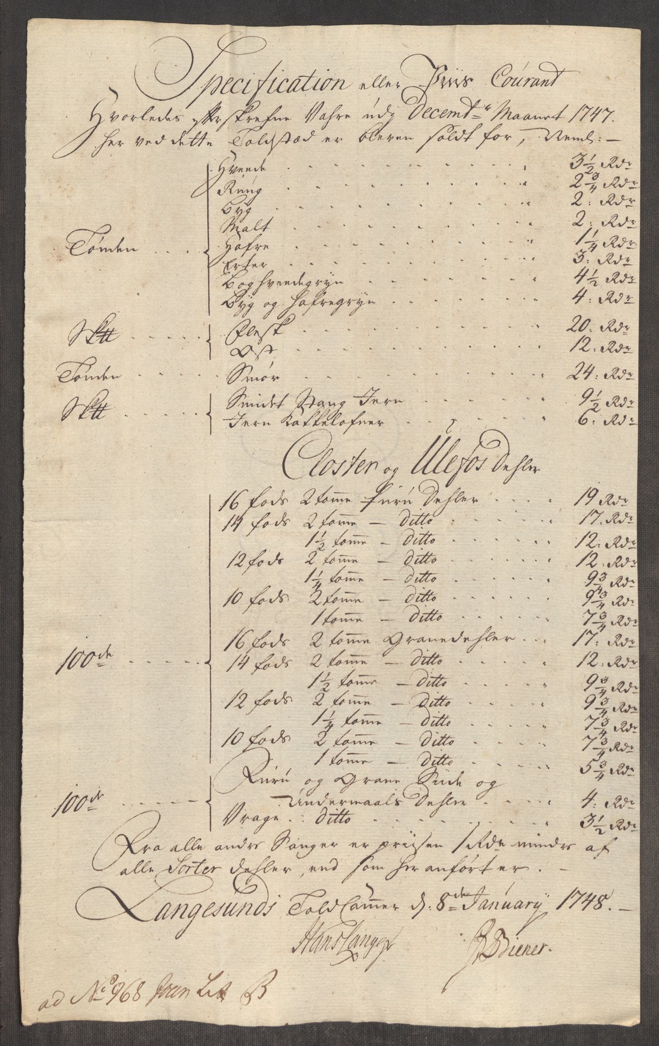 Rentekammeret inntil 1814, Realistisk ordnet avdeling, RA/EA-4070/Oe/L0003: [Ø1]: Priskuranter, 1745-1748, p. 573