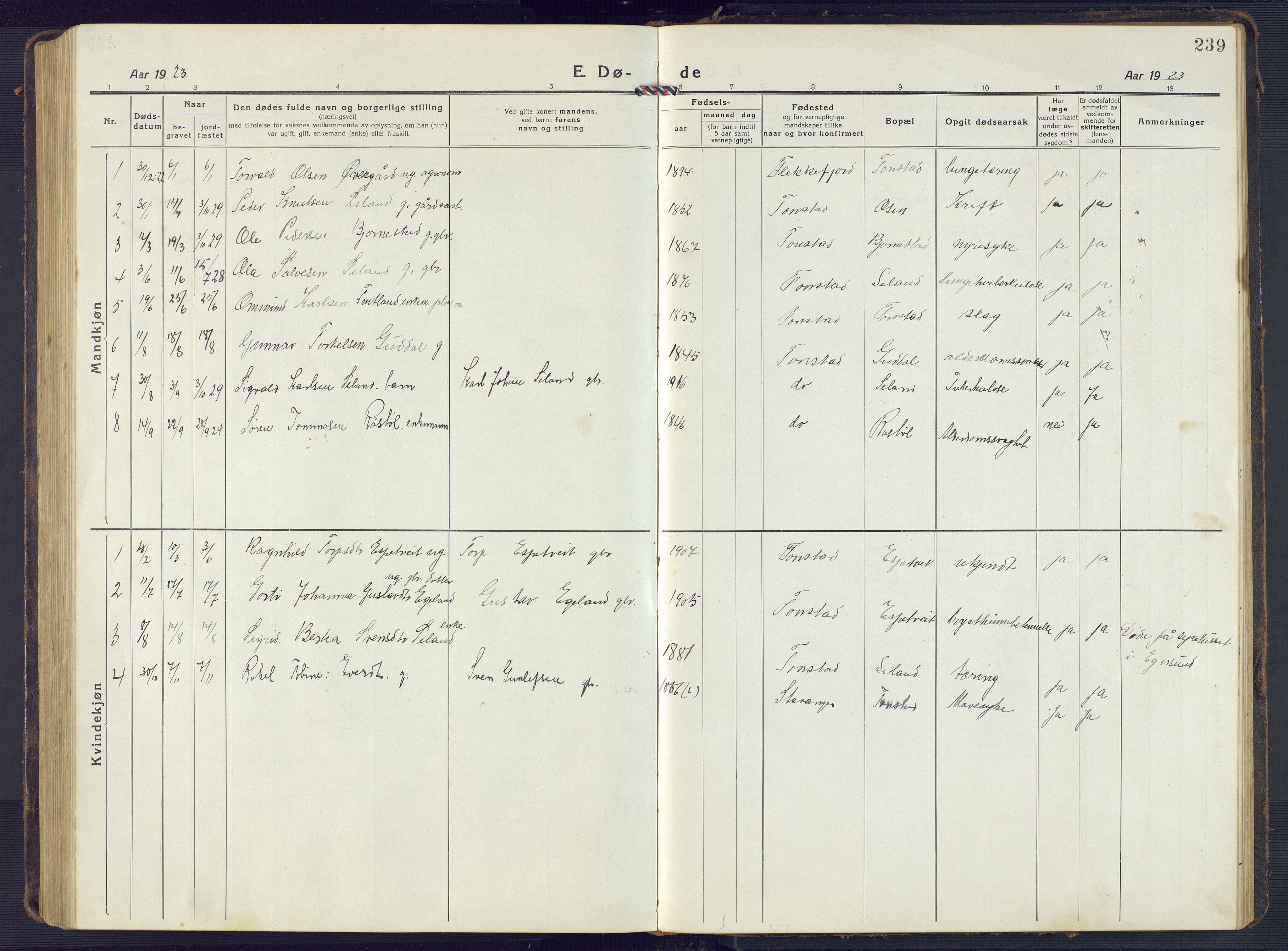 Sirdal sokneprestkontor, SAK/1111-0036/F/Fb/Fbb/L0005: Parish register (copy) no. B 5, 1916-1960, p. 239