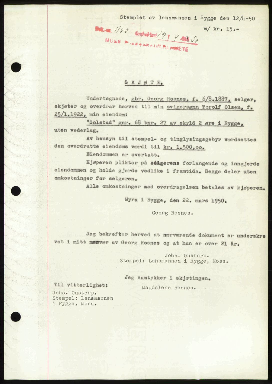 Moss sorenskriveri, SAO/A-10168: Mortgage book no. A25, 1950-1950, Diary no: : 1160/1950