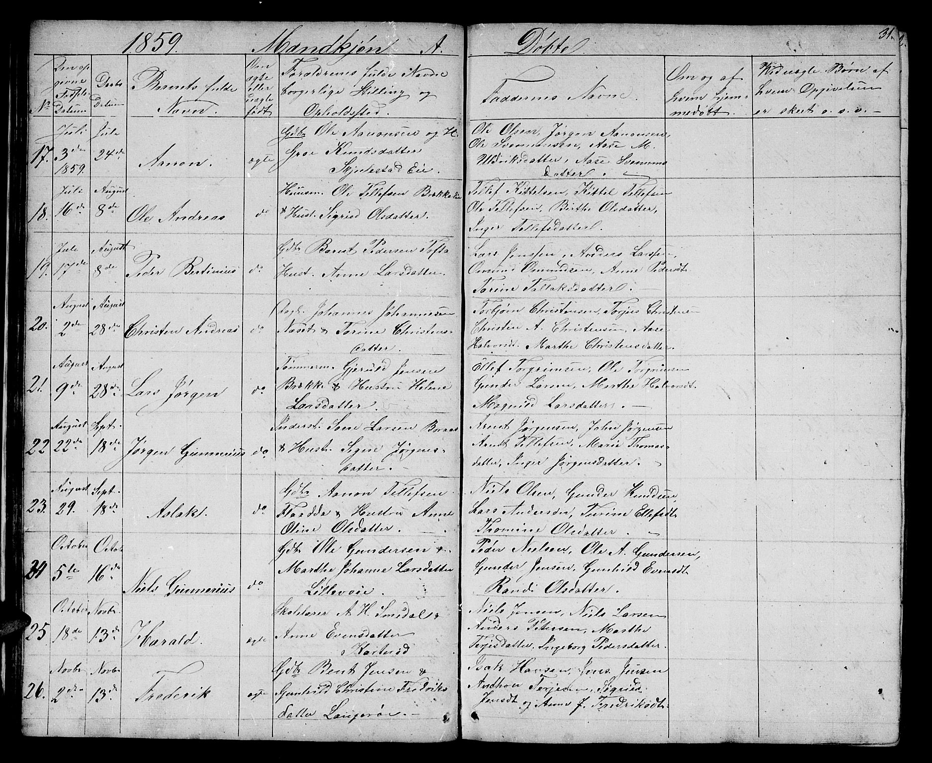 Austre Moland sokneprestkontor, AV/SAK-1111-0001/F/Fb/Fba/L0001: Parish register (copy) no. B 1, 1842-1868, p. 31