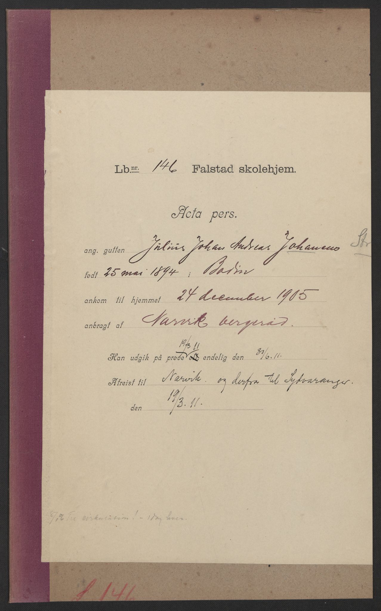 Falstad skolehjem, RA/S-1676/E/Eb/L0007: Elevmapper løpenr. 146-168, 1905-1911, p. 1