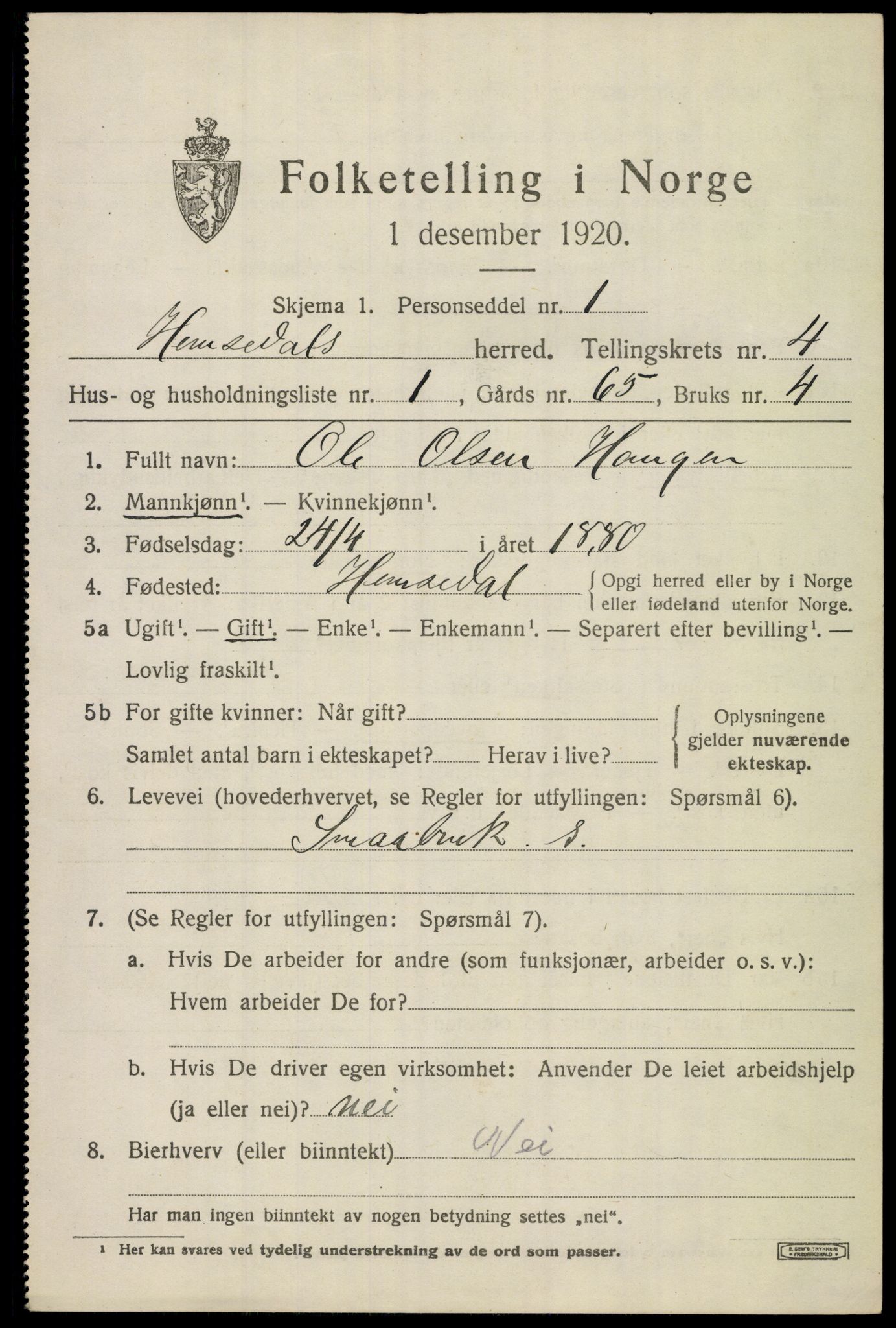 SAKO, 1920 census for Hemsedal, 1920, p. 1454