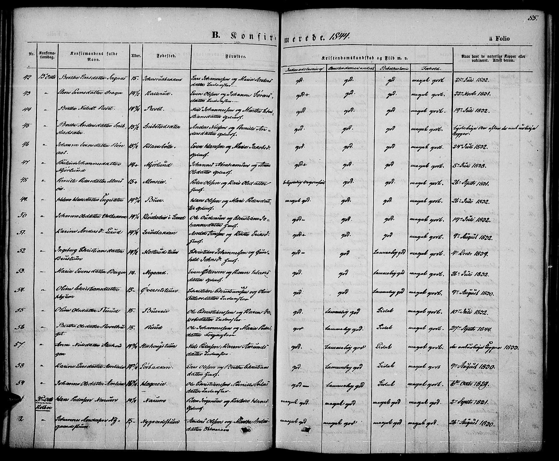 Vestre Toten prestekontor, AV/SAH-PREST-108/H/Ha/Haa/L0004: Parish register (official) no. 4, 1844-1849, p. 85