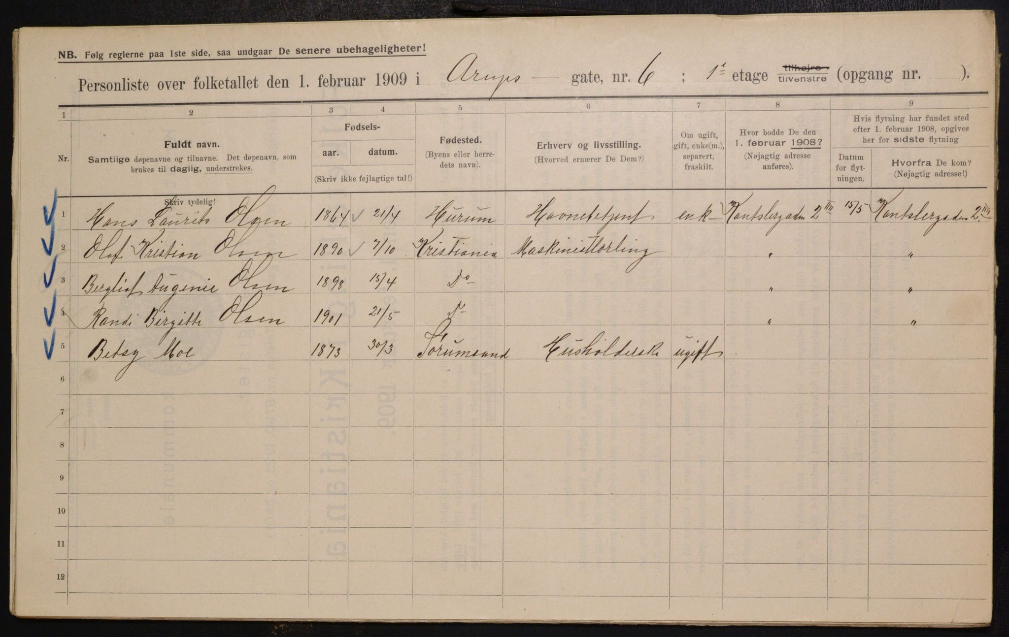 OBA, Municipal Census 1909 for Kristiania, 1909, p. 2075