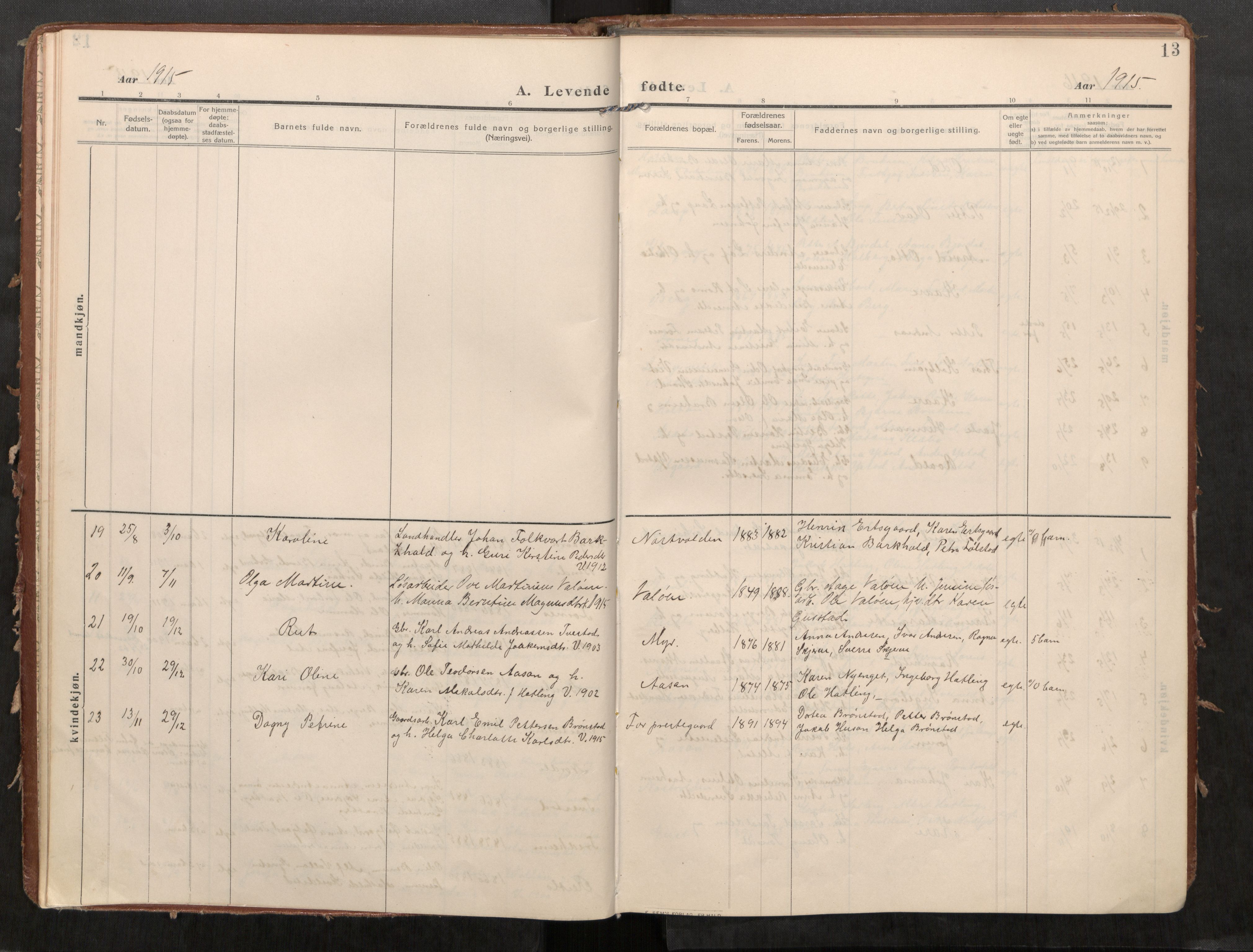 Stod sokneprestkontor, AV/SAT-A-1164/1/I/I1/I1a/L0002: Parish register (official) no. 2, 1909-1922, p. 13