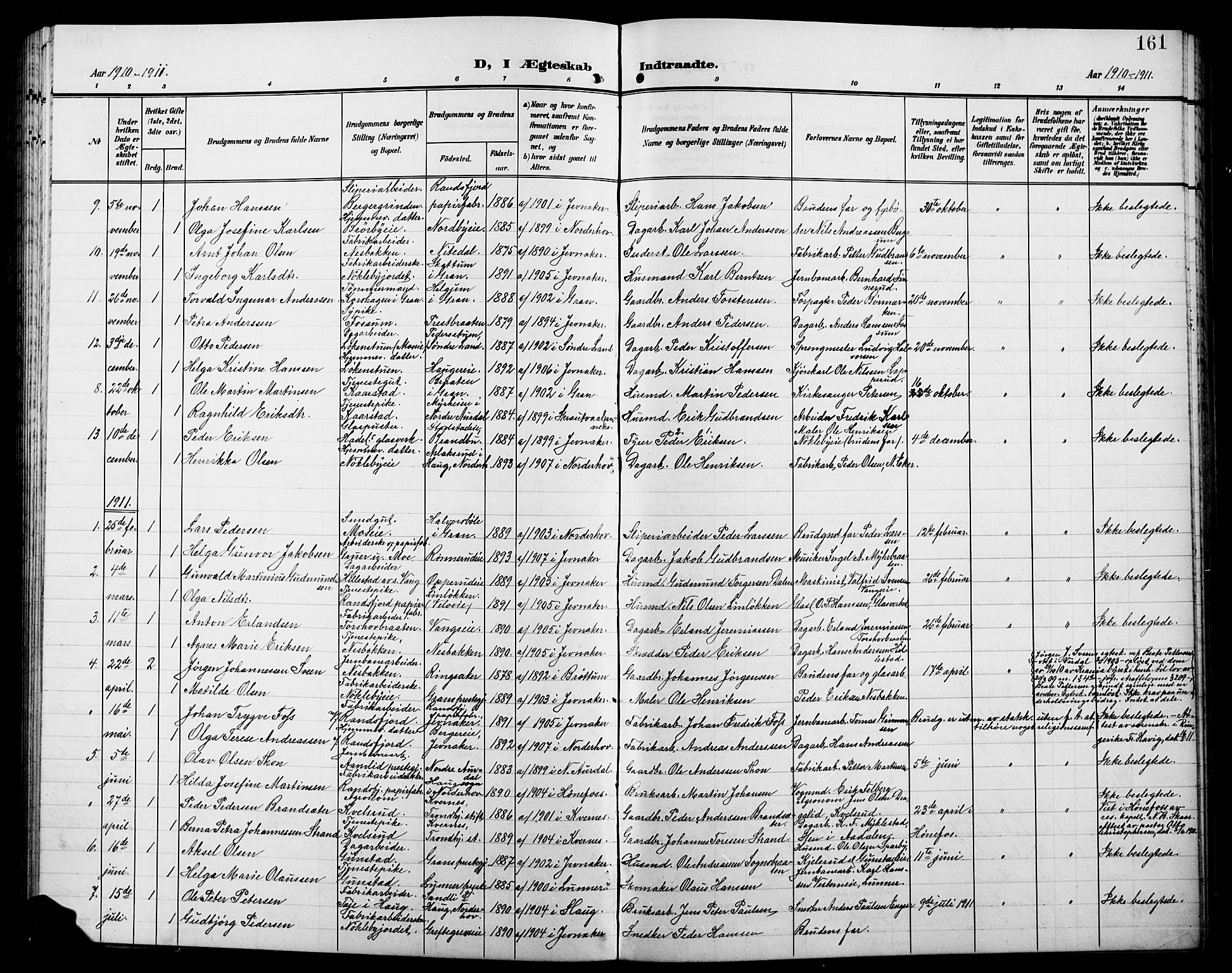 Jevnaker prestekontor, SAH/PREST-116/H/Ha/Hab/L0004: Parish register (copy) no. 4, 1907-1918, p. 161