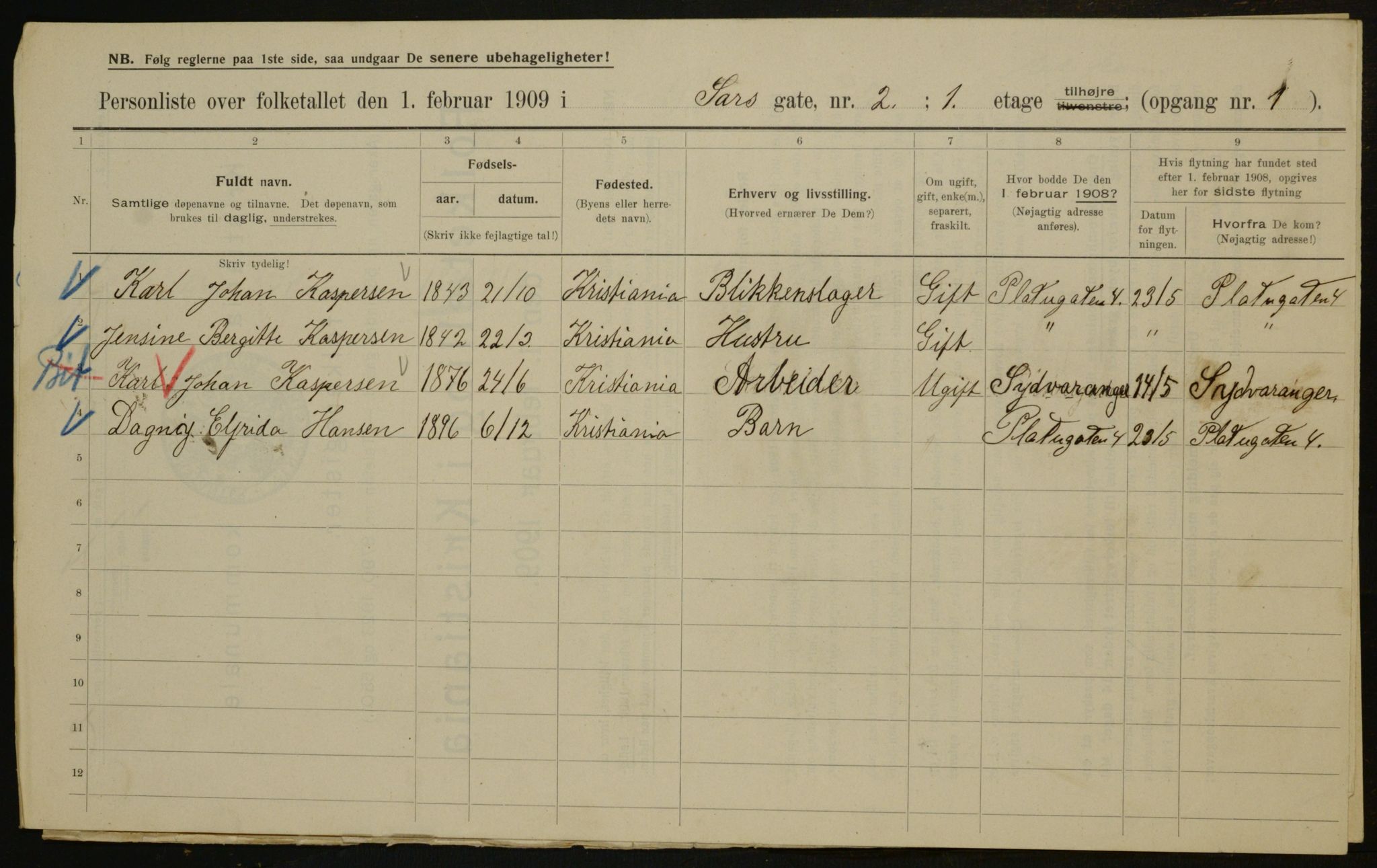 OBA, Municipal Census 1909 for Kristiania, 1909, p. 81147