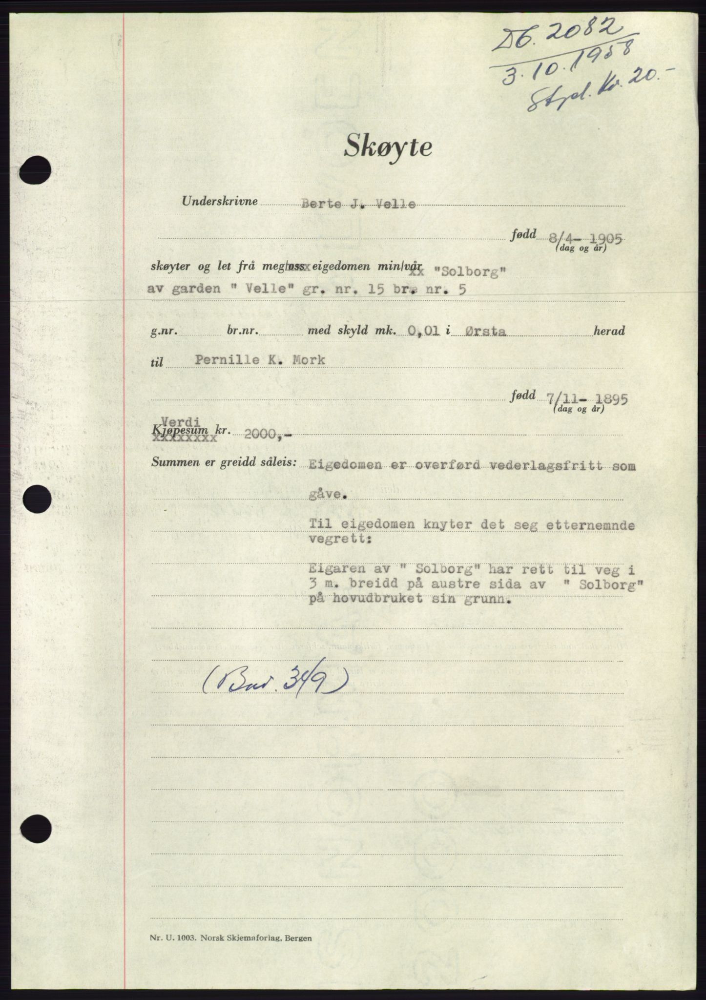 Søre Sunnmøre sorenskriveri, AV/SAT-A-4122/1/2/2C/L0110: Mortgage book no. 36A, 1958-1958, Diary no: : 2082/1958