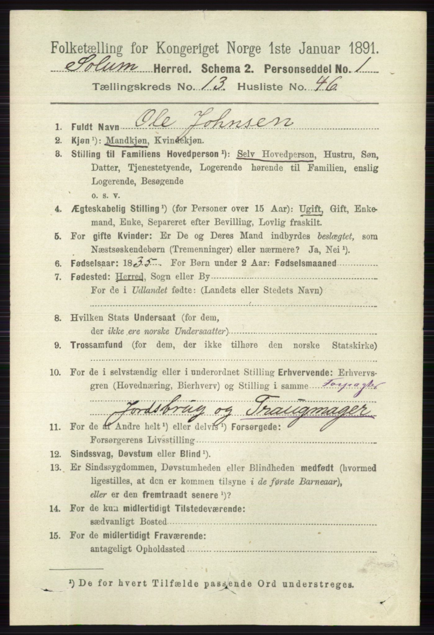 RA, 1891 census for 0818 Solum, 1891, p. 6288