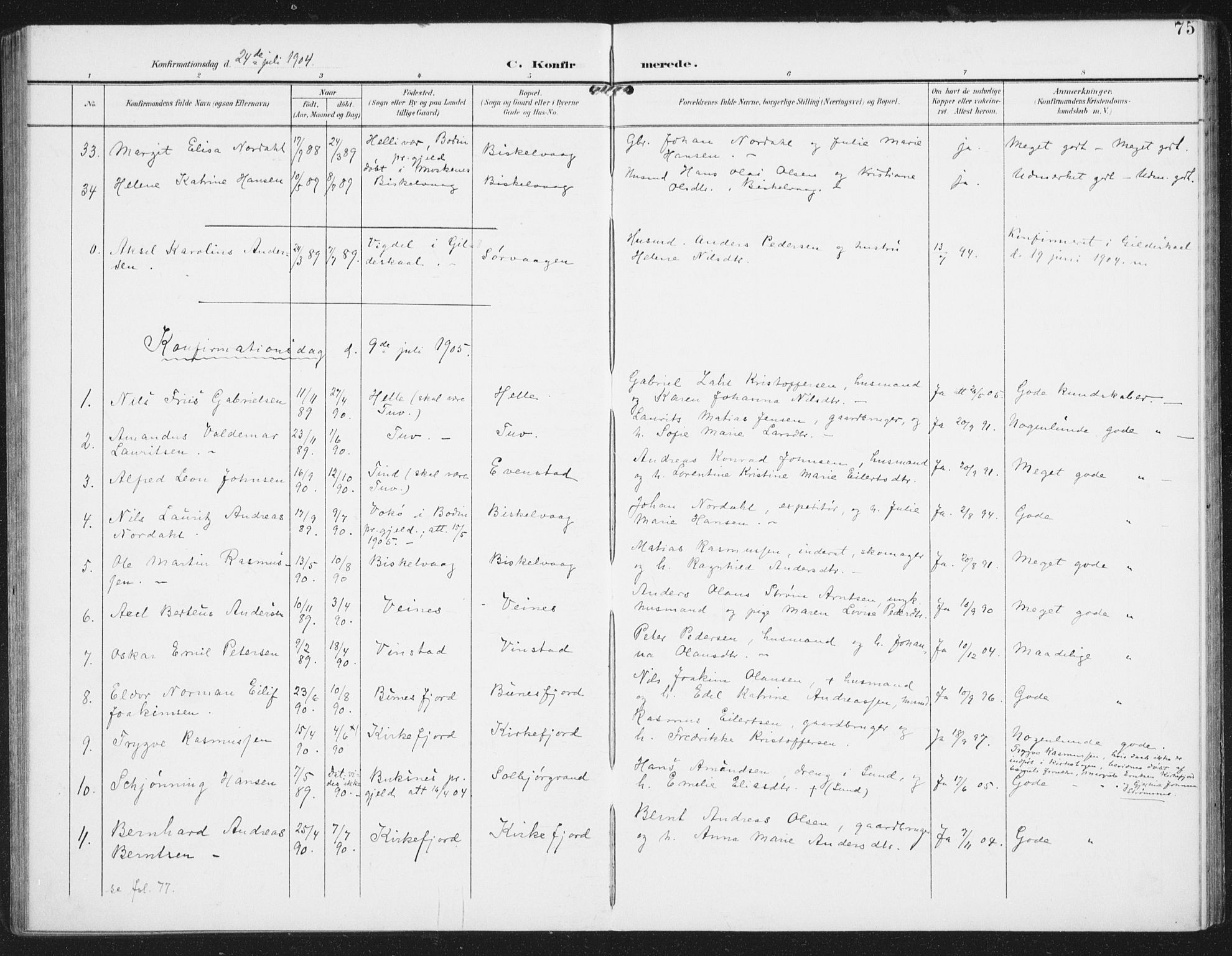 Ministerialprotokoller, klokkerbøker og fødselsregistre - Nordland, SAT/A-1459/886/L1221: Parish register (official) no. 886A03, 1903-1913, p. 75