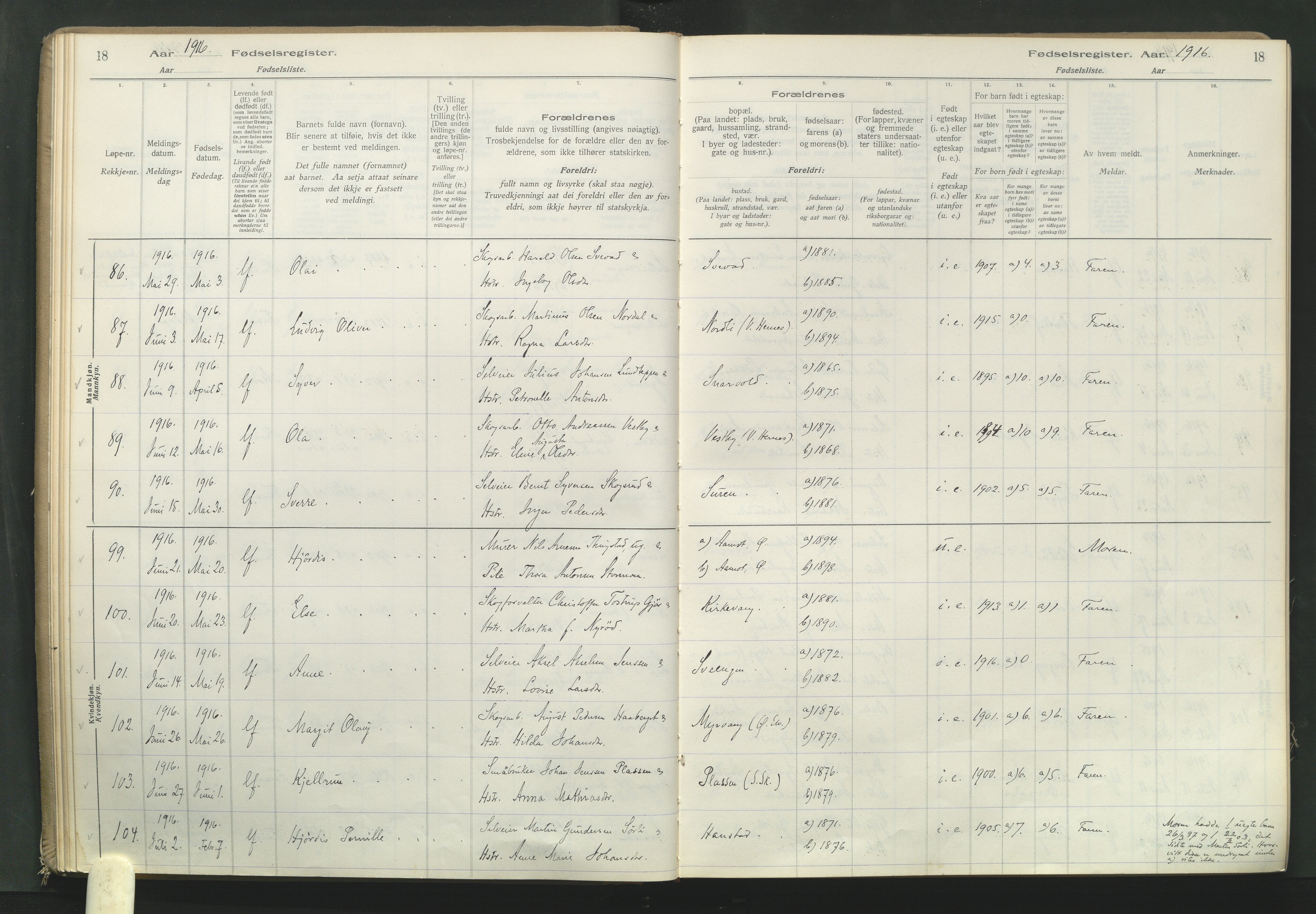 Elverum prestekontor, AV/SAH-PREST-044/I/Id/L0001: Birth register no. 1, 1916-1921