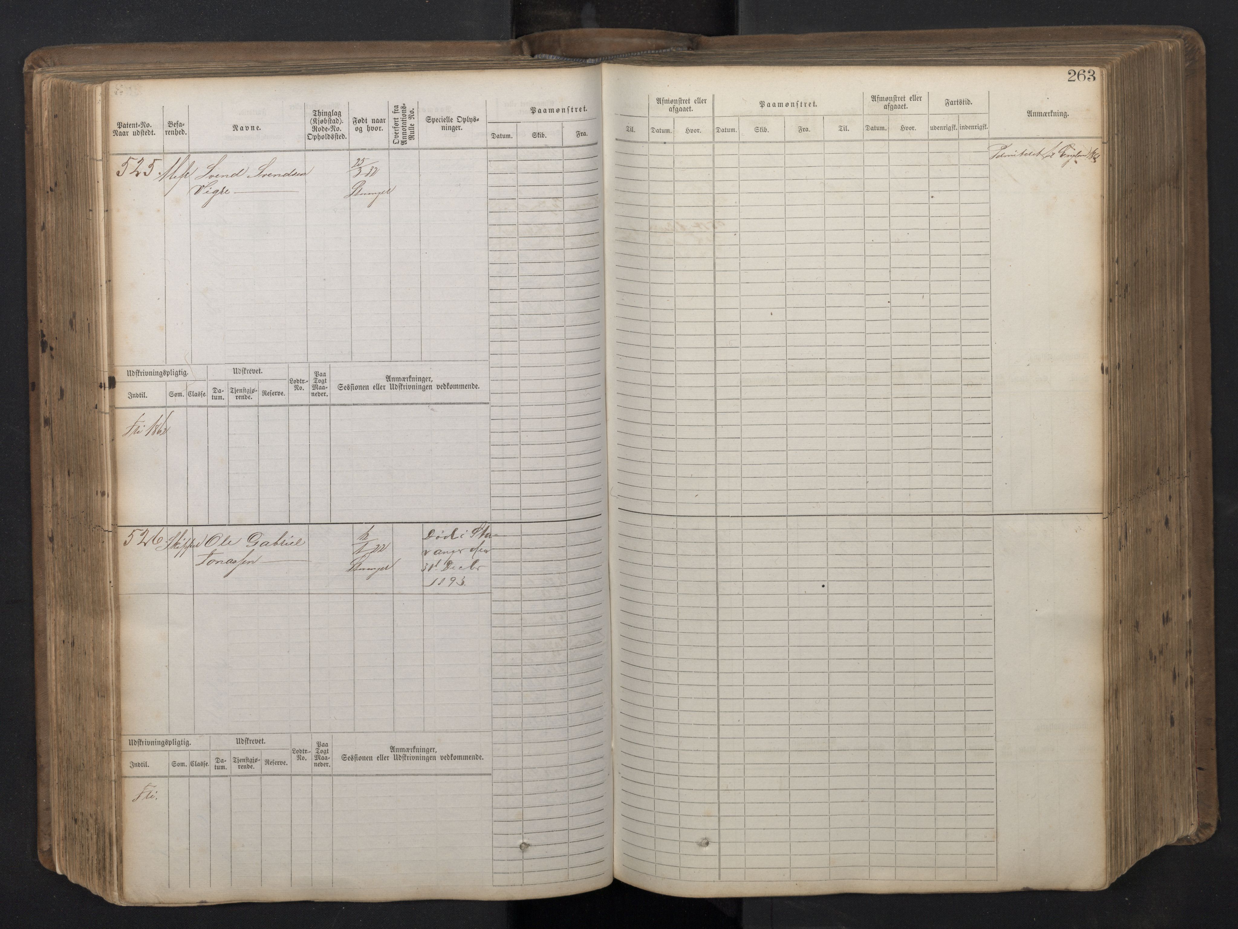 Stavanger sjømannskontor, AV/SAST-A-102006/F/Fb/Fbb/L0016: Sjøfartshovedrulle patnentnr. 1-1202 (dublett), 1869, p. 263