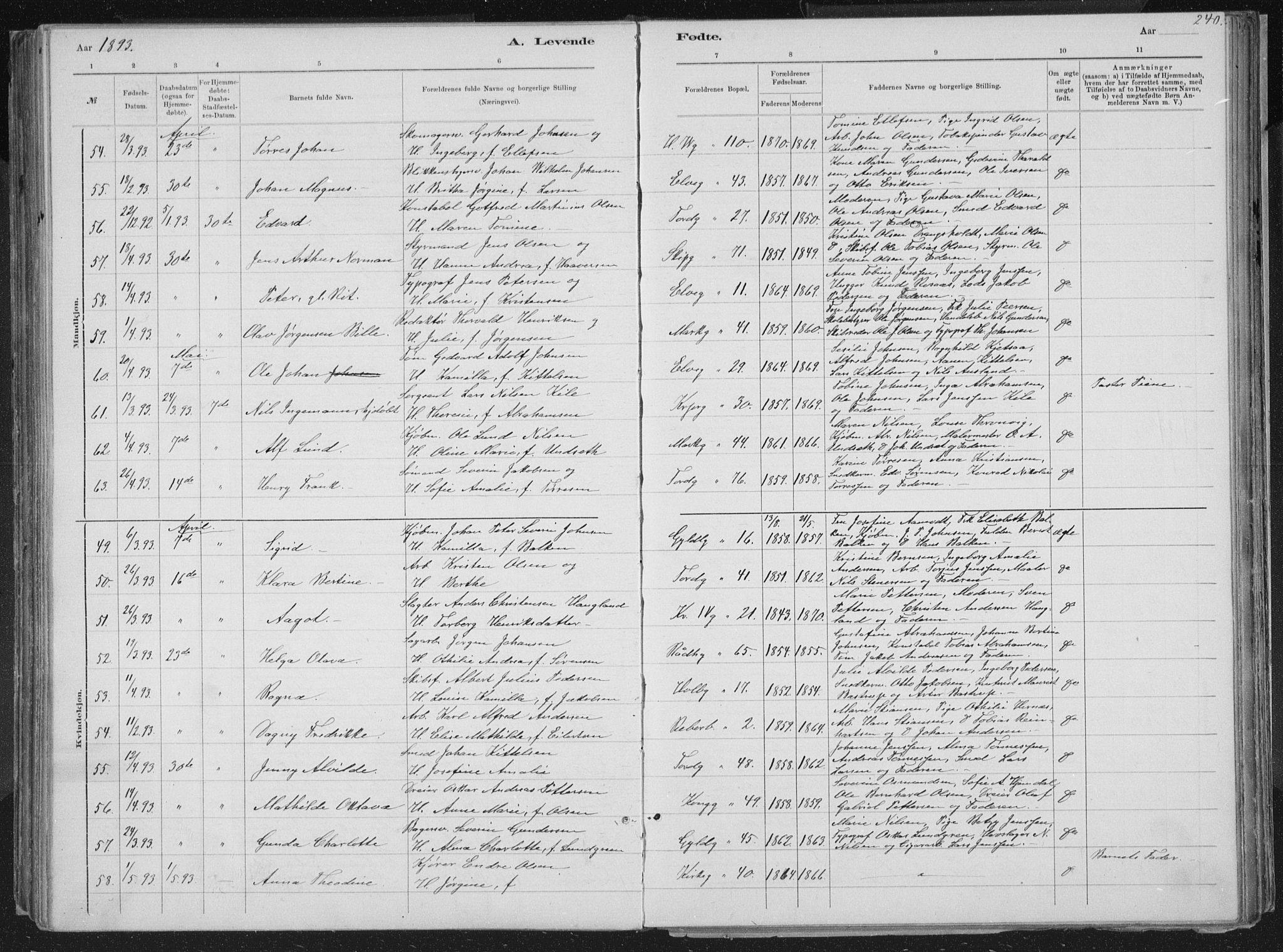 Kristiansand domprosti, SAK/1112-0006/F/Fb/L0014: Parish register (copy) no. B 14, 1881-1896, p. 240