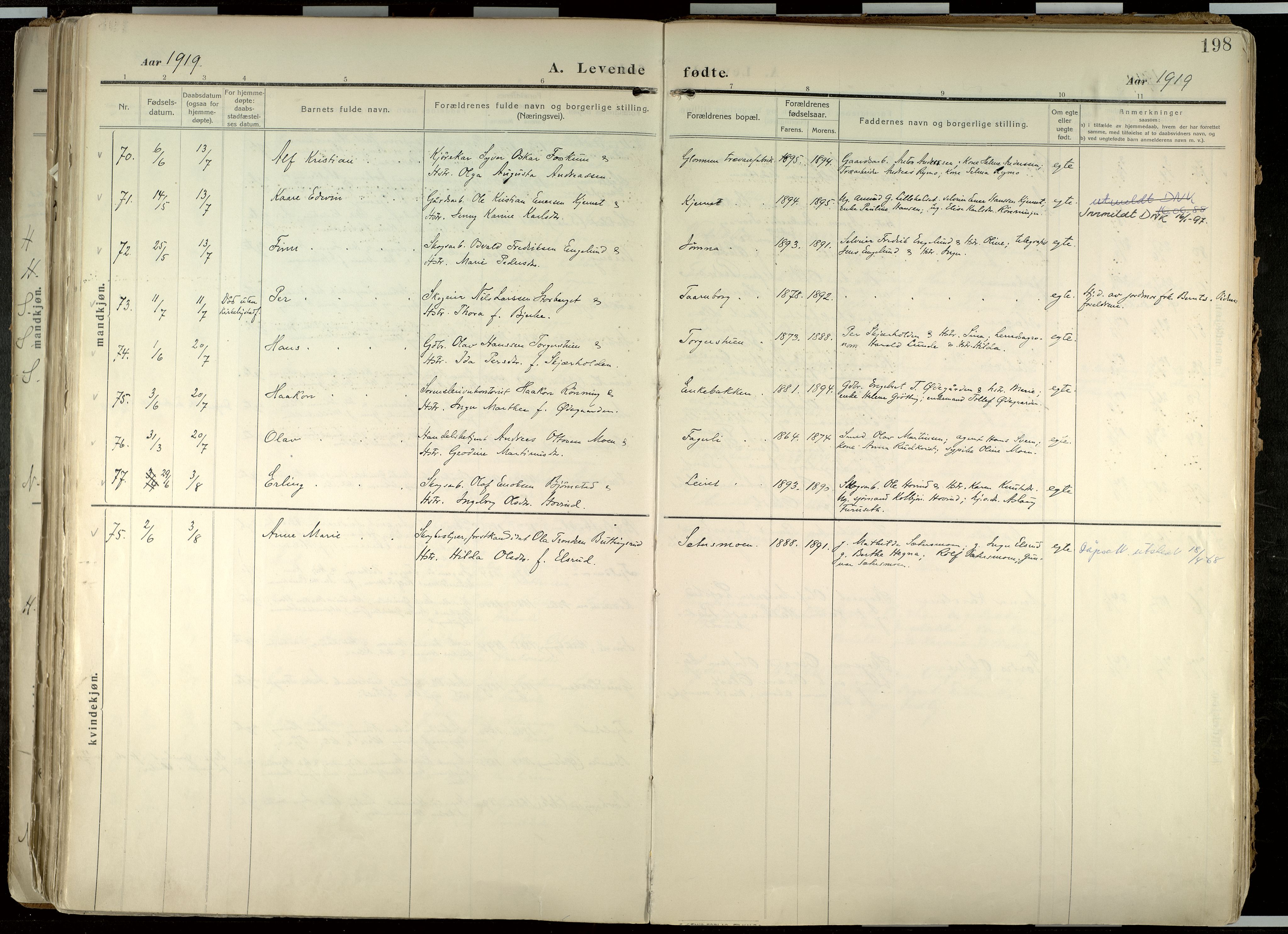 Elverum prestekontor, AV/SAH-PREST-044/H/Ha/Haa/L0020: Parish register (official) no. 20, 1909-1921, p. 198