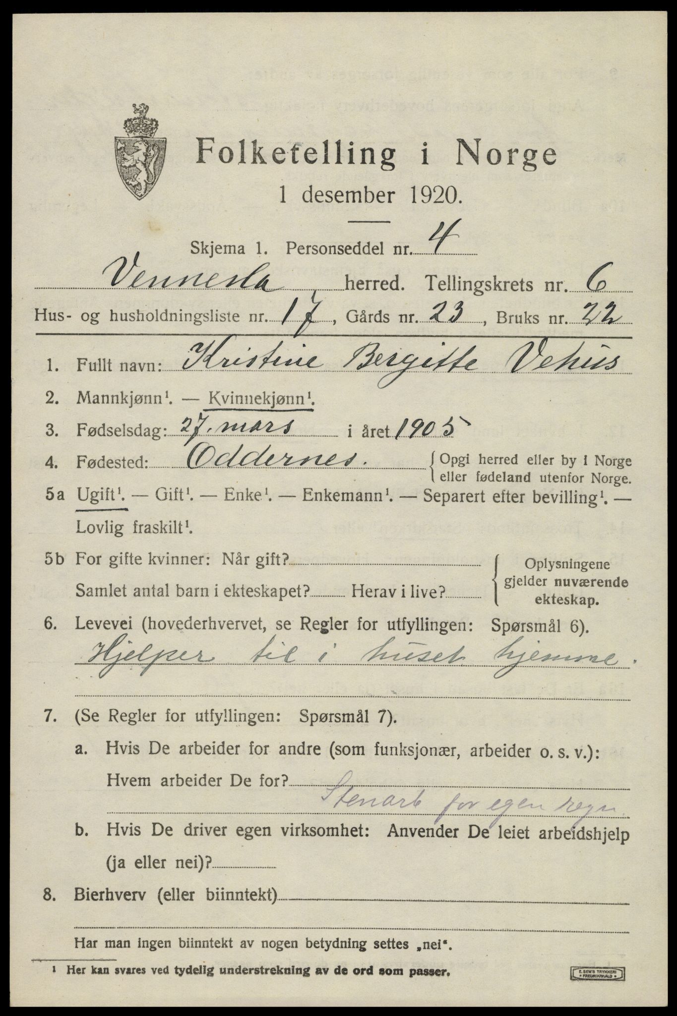 SAK, 1920 census for Vennesla, 1920, p. 4510