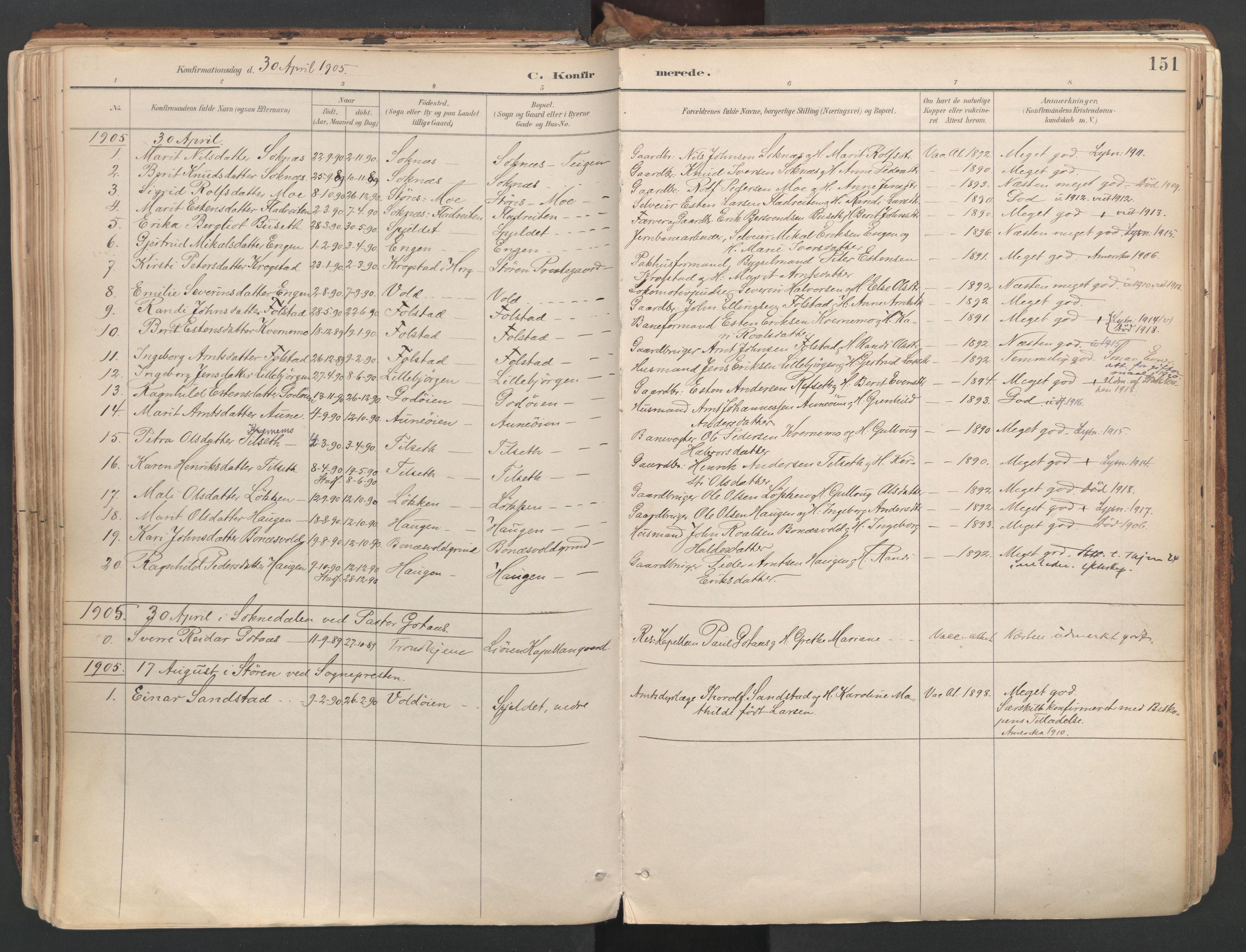 Ministerialprotokoller, klokkerbøker og fødselsregistre - Sør-Trøndelag, SAT/A-1456/687/L1004: Parish register (official) no. 687A10, 1891-1923, p. 151
