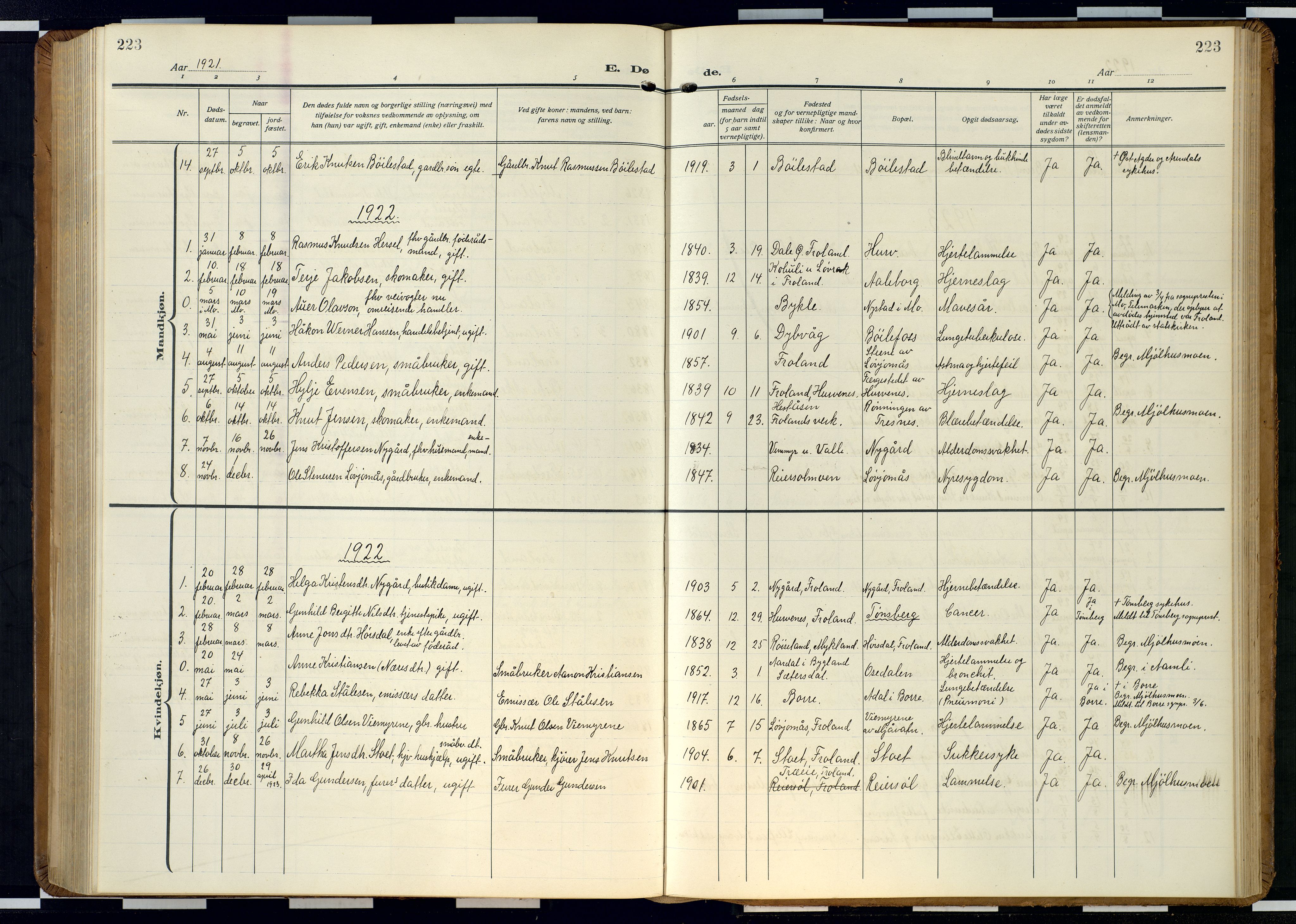 Froland sokneprestkontor, AV/SAK-1111-0013/F/Fb/L0011: Parish register (copy) no. B 11, 1921-1947, p. 223