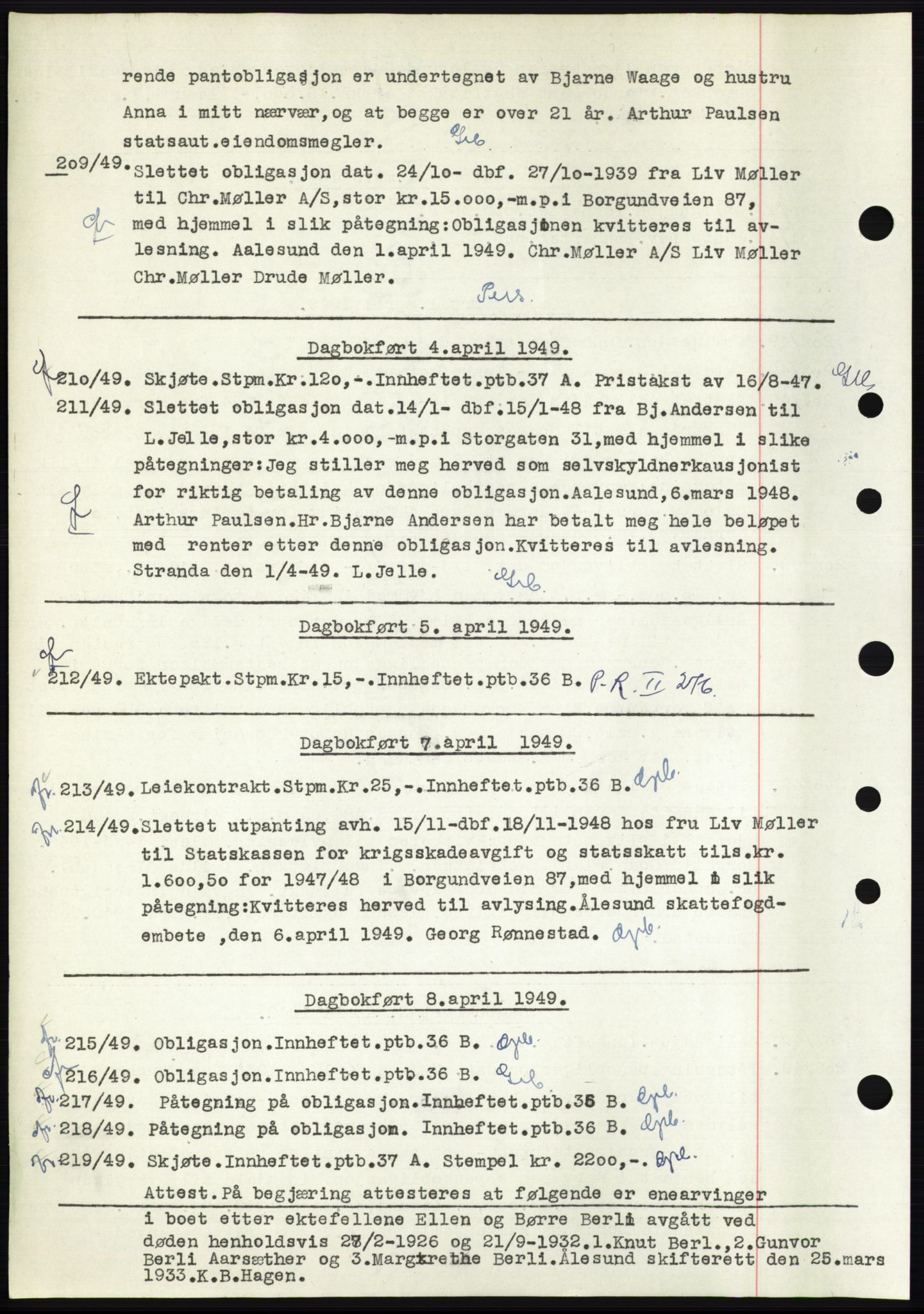 Ålesund byfogd, AV/SAT-A-4384: Mortgage book no. C34-35, 1946-1950, Diary no: : 209/1949