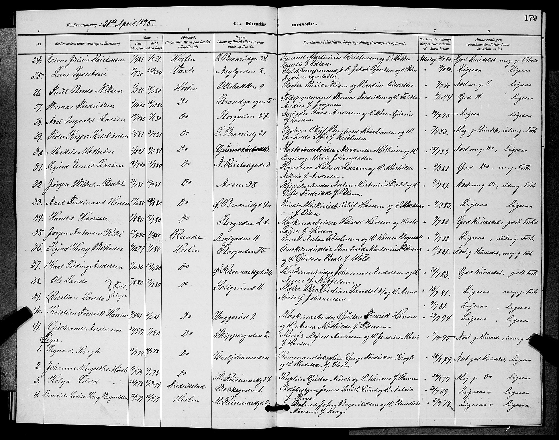 Horten kirkebøker, AV/SAKO-A-348/G/Ga/L0005: Parish register (copy) no. 5, 1888-1895, p. 179