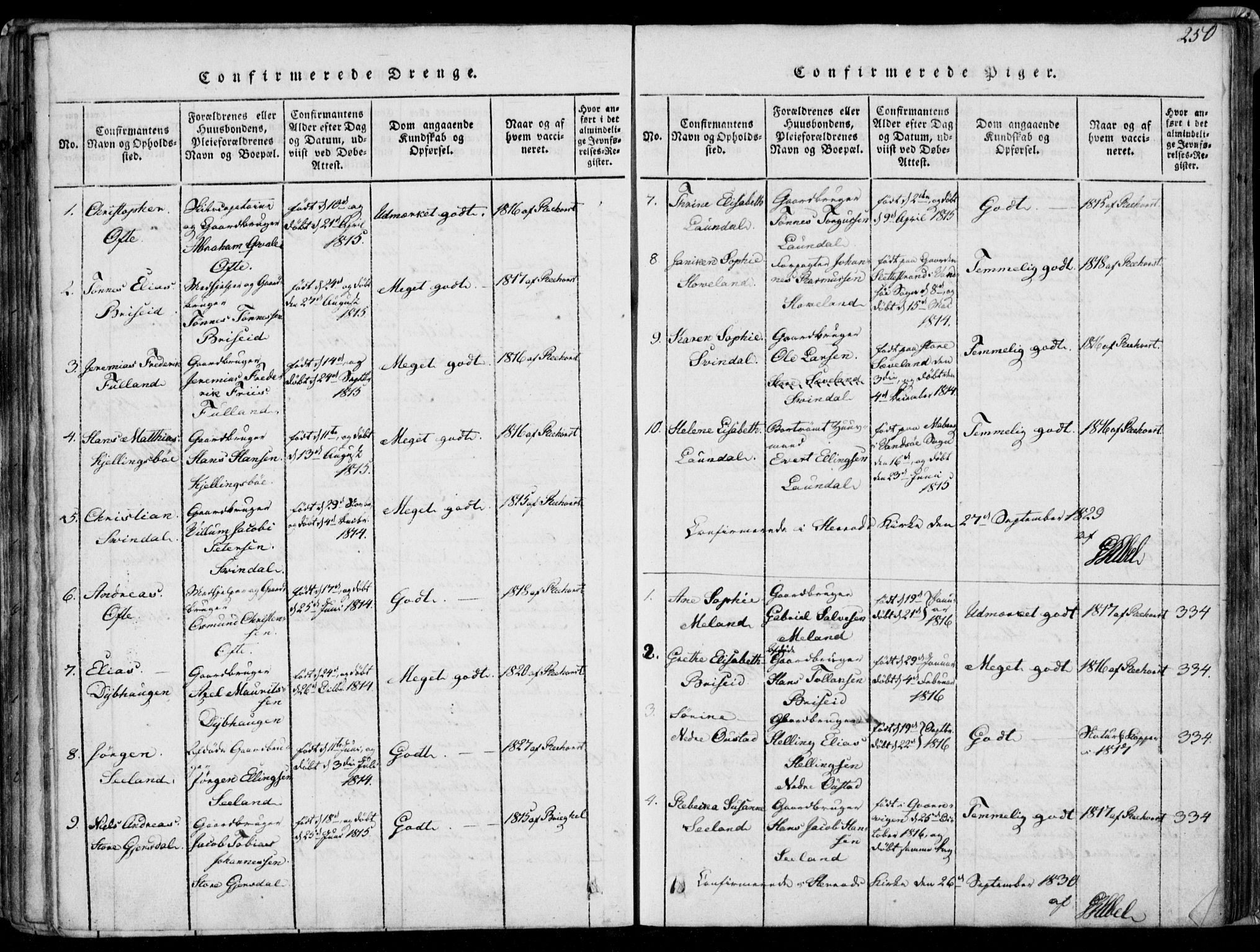 Herad sokneprestkontor, AV/SAK-1111-0018/F/Fa/Faa/L0003: Parish register (official) no. A 3, 1816-1844, p. 250