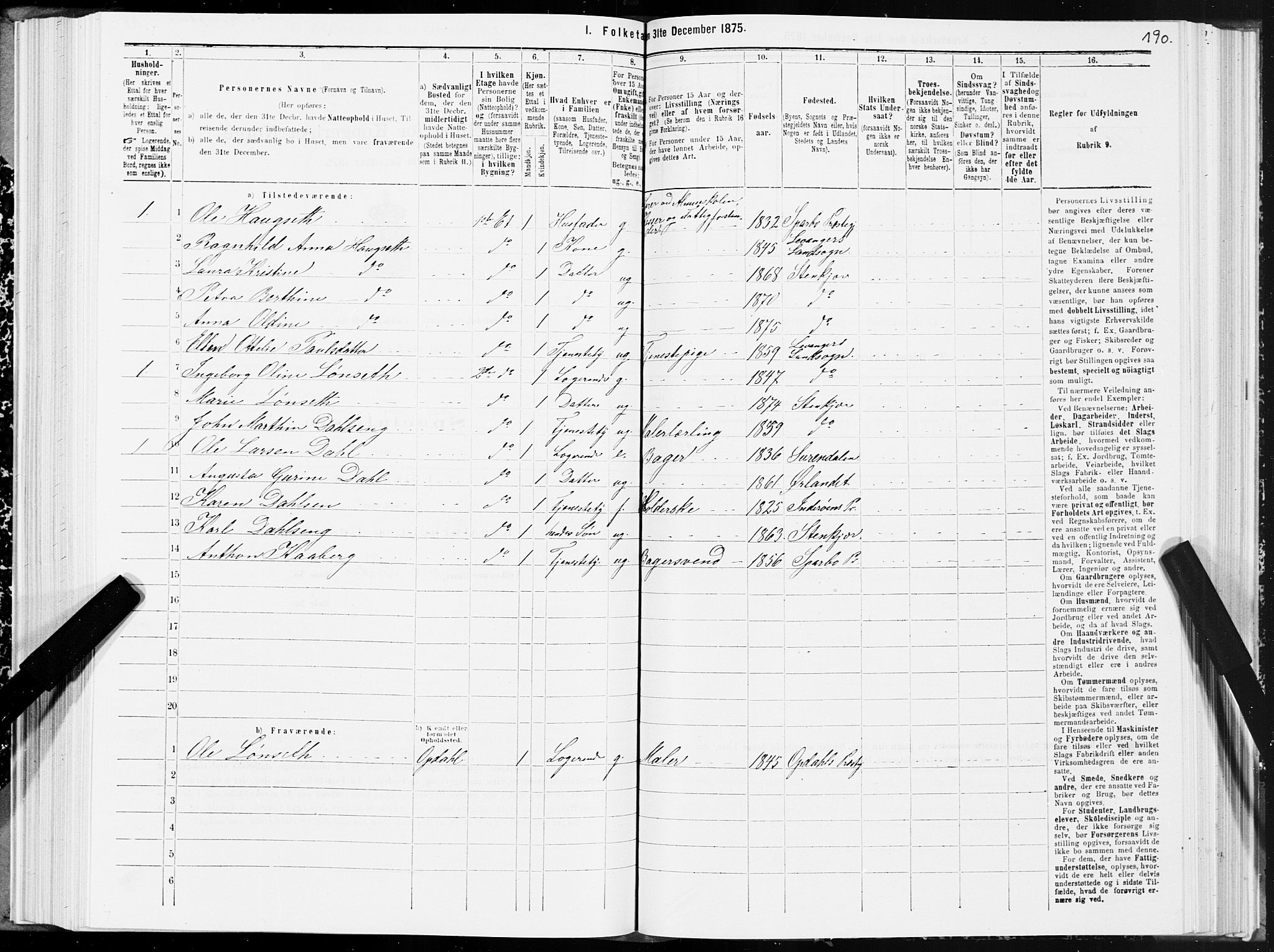 SAT, 1875 census for 1702B Steinkjer/Steinkjer, 1875, p. 190