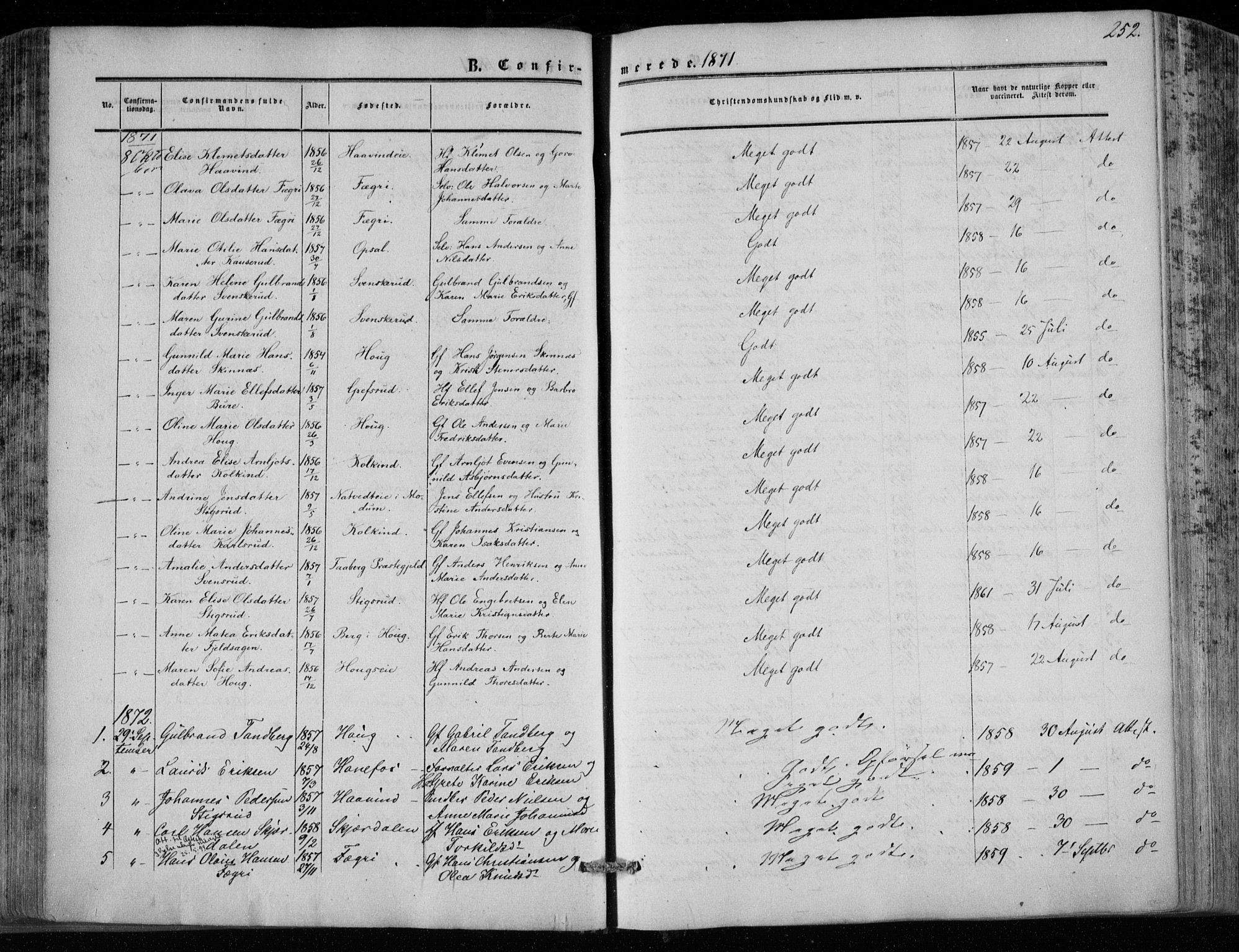 Hole kirkebøker, SAKO/A-228/F/Fa/L0006: Parish register (official) no. I 6, 1852-1872, p. 252
