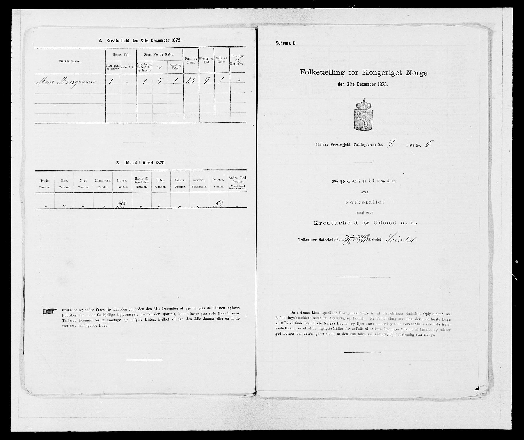 SAB, 1875 census for 1263P Lindås, 1875, p. 828