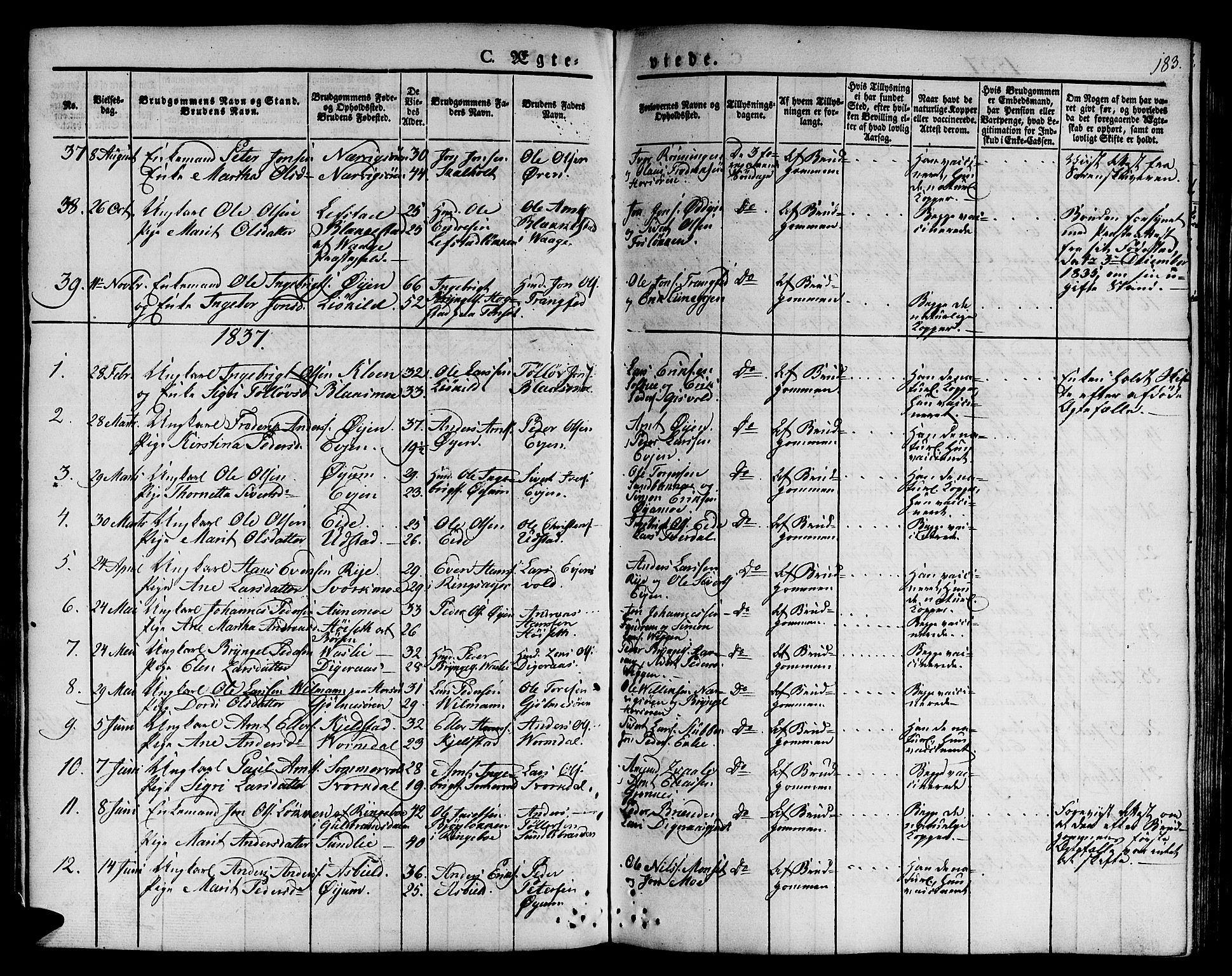 Ministerialprotokoller, klokkerbøker og fødselsregistre - Sør-Trøndelag, SAT/A-1456/668/L0804: Parish register (official) no. 668A04, 1826-1839, p. 183